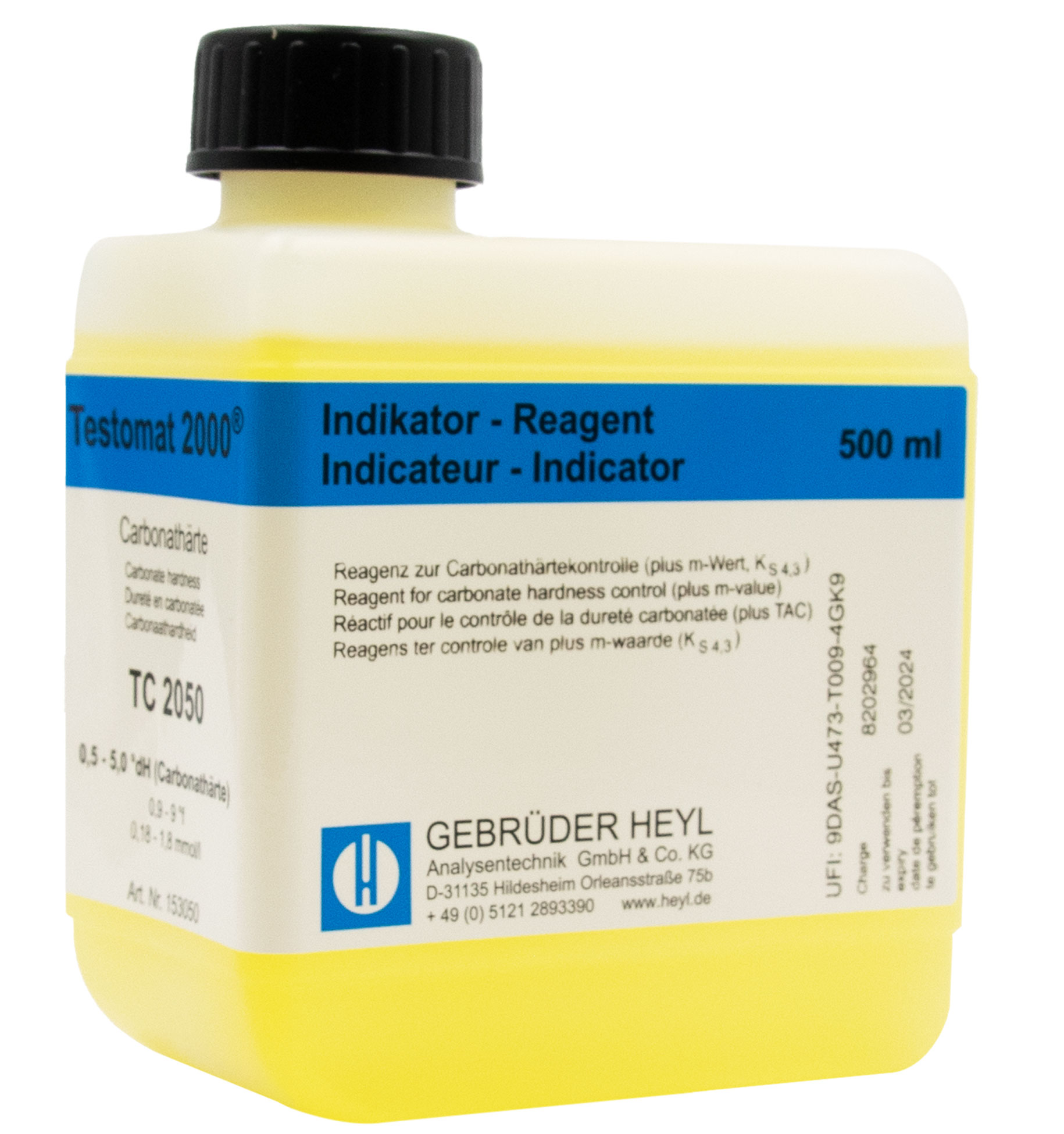 Testomat® Indikator TC2050 500ml, Produktflasche schräg fotografiert, Wasserhärte-Messmittel