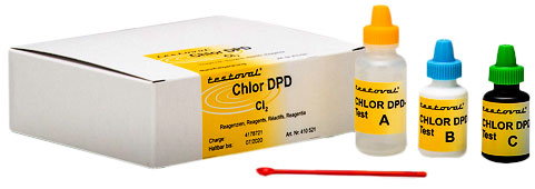 410521_Testoval Chlor DPD-Reagenzien Nachfuellpackung.jpg, Testoval Chlor DPD Nachfüllpackung, detailreiche Produktansicht mit Fläschchen und Etikett, schnelle Messung ca. 1 Minute
