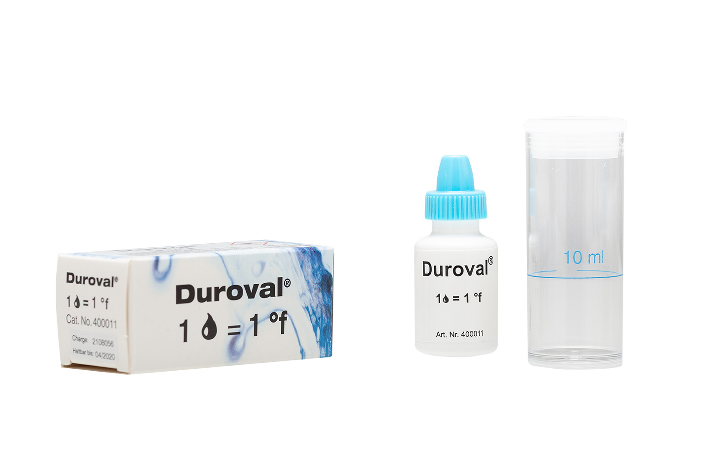 DUROVAL® 1 Tropfen = 1 °f Titrations-Test, Frontansicht mit Messröhrchen und Reagenzflasche, Set zur Wasserhärtebestimmung