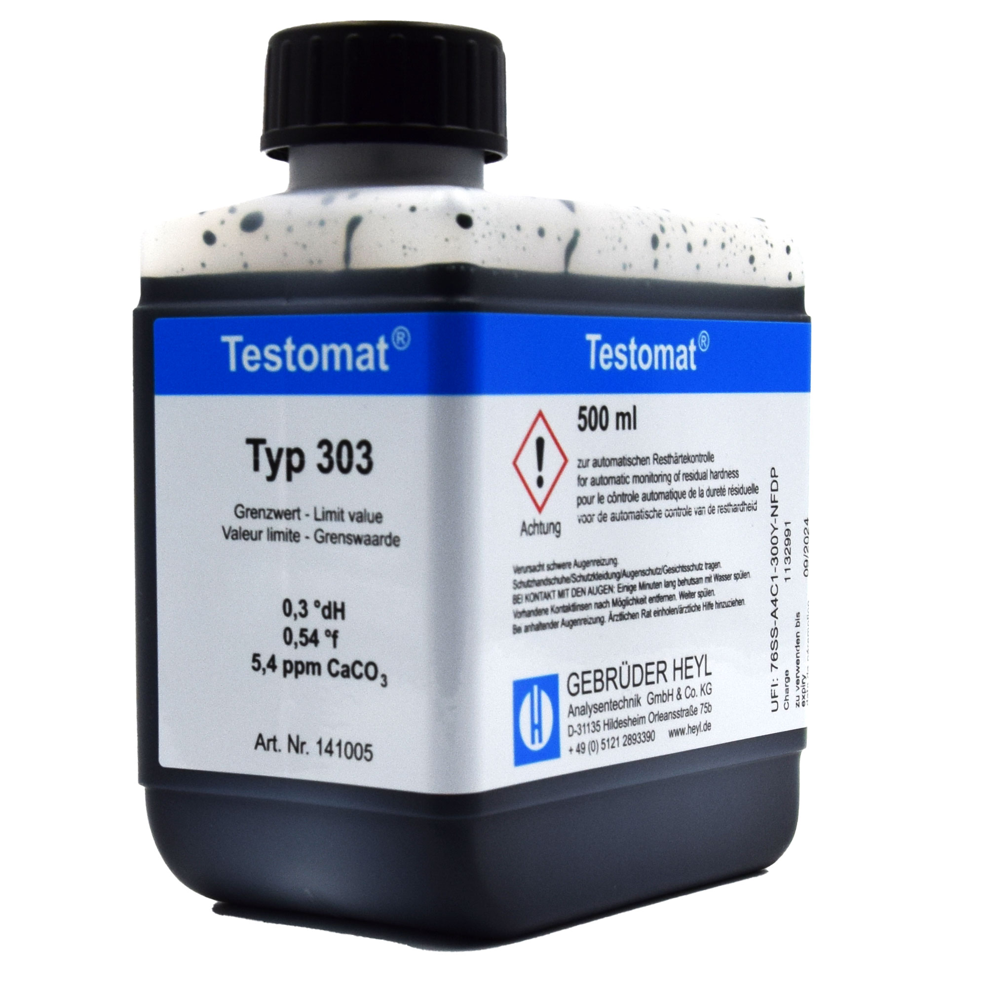 Testomat® 808 Indikator 303, 500 ml Flasche mit klarer Beschriftung, Wasseranalyse, seitliche Ansicht