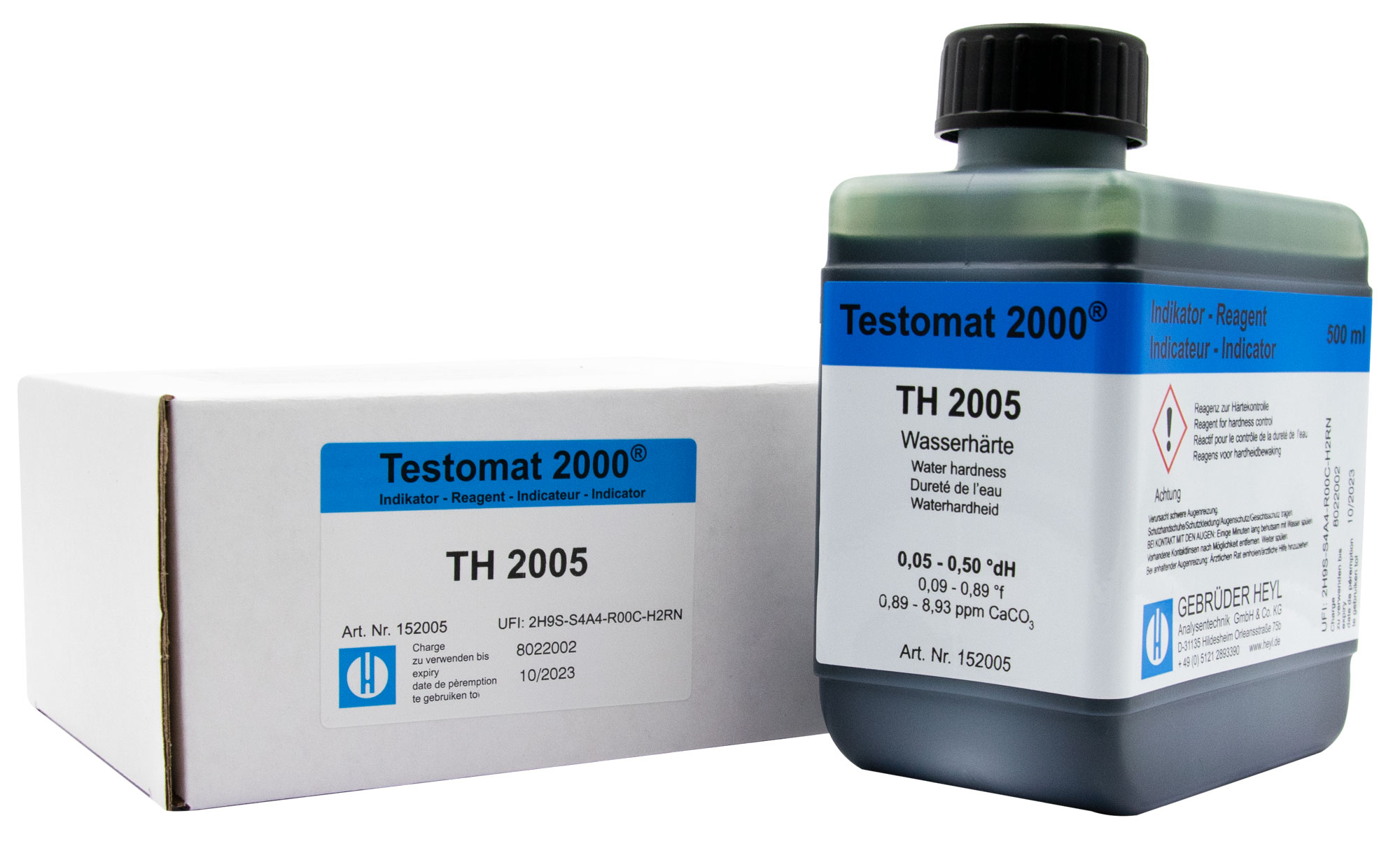 Testomat® Indikator TH2005 500ml, Flasche mit Produktetikett und Messbereich 0,05–0,50 °dH, Wasserqualitätstest