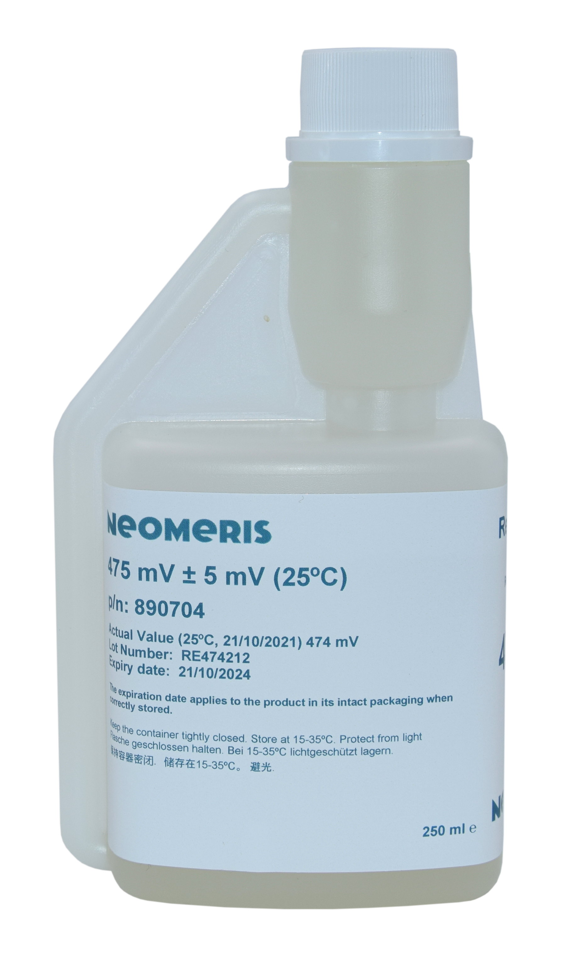 Redox Pufferlösung, Frontansicht der 250 ml Flasche mit hygienischem Verschluss, Kalibrierlösung