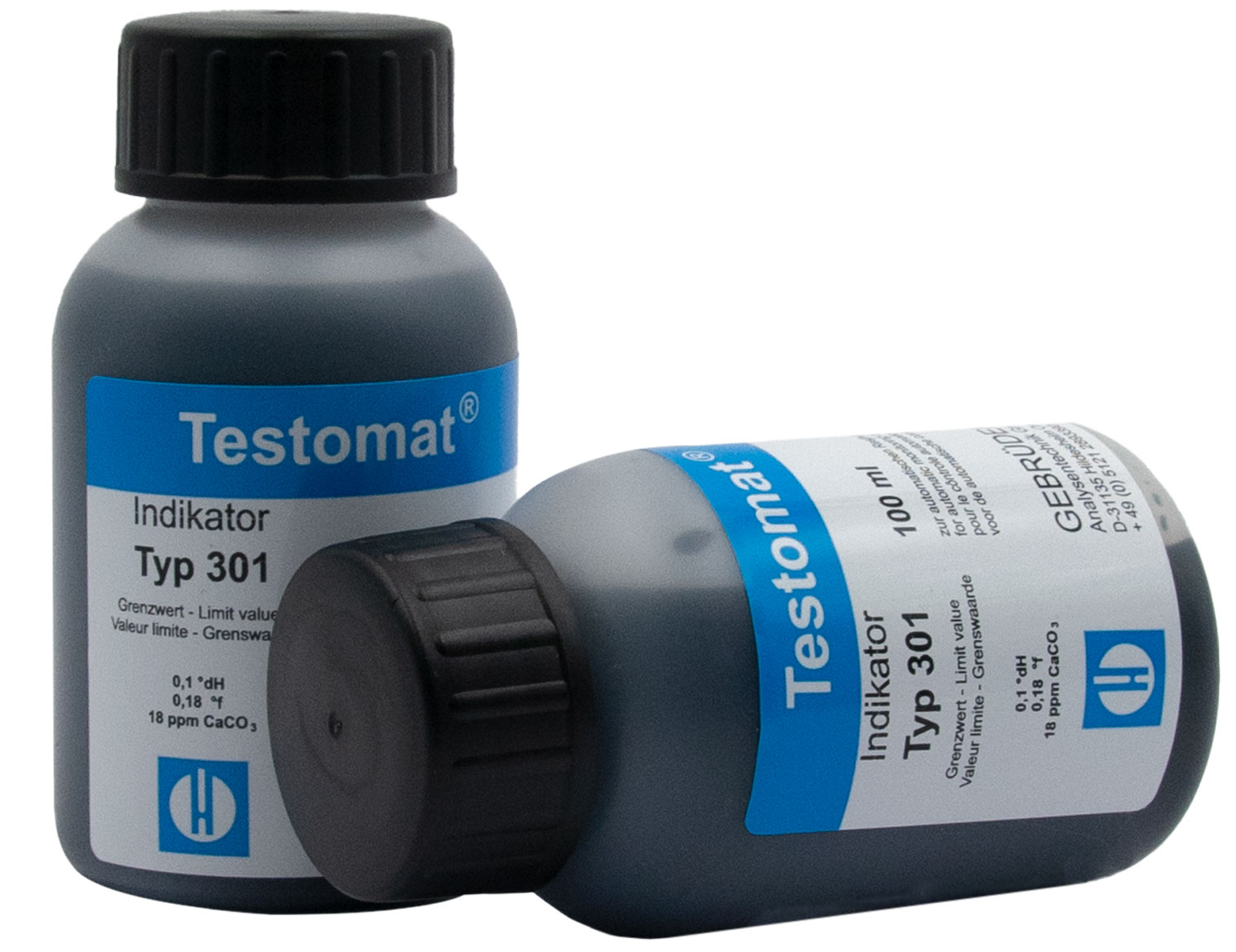 Testomat 808 Indikator 301, zwei 100-ml-Flaschen ohne Verpackung, eine steht, die zweite liegt seitlich