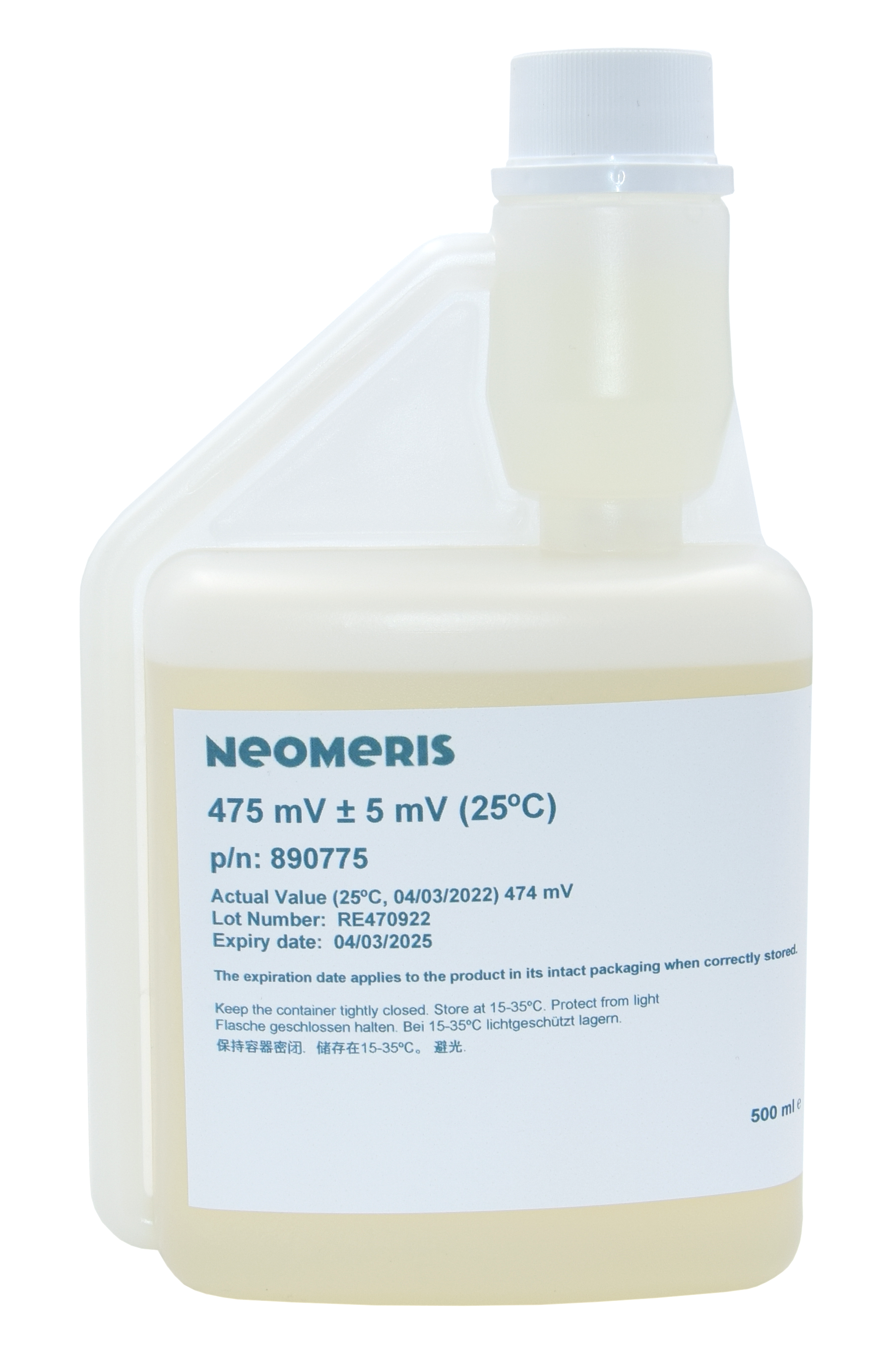 Redox Pufferlösung 475 mV, Frontansicht der 500 ml Flasche mit blassgelber Flüssigkeit und blauem Etiketttext