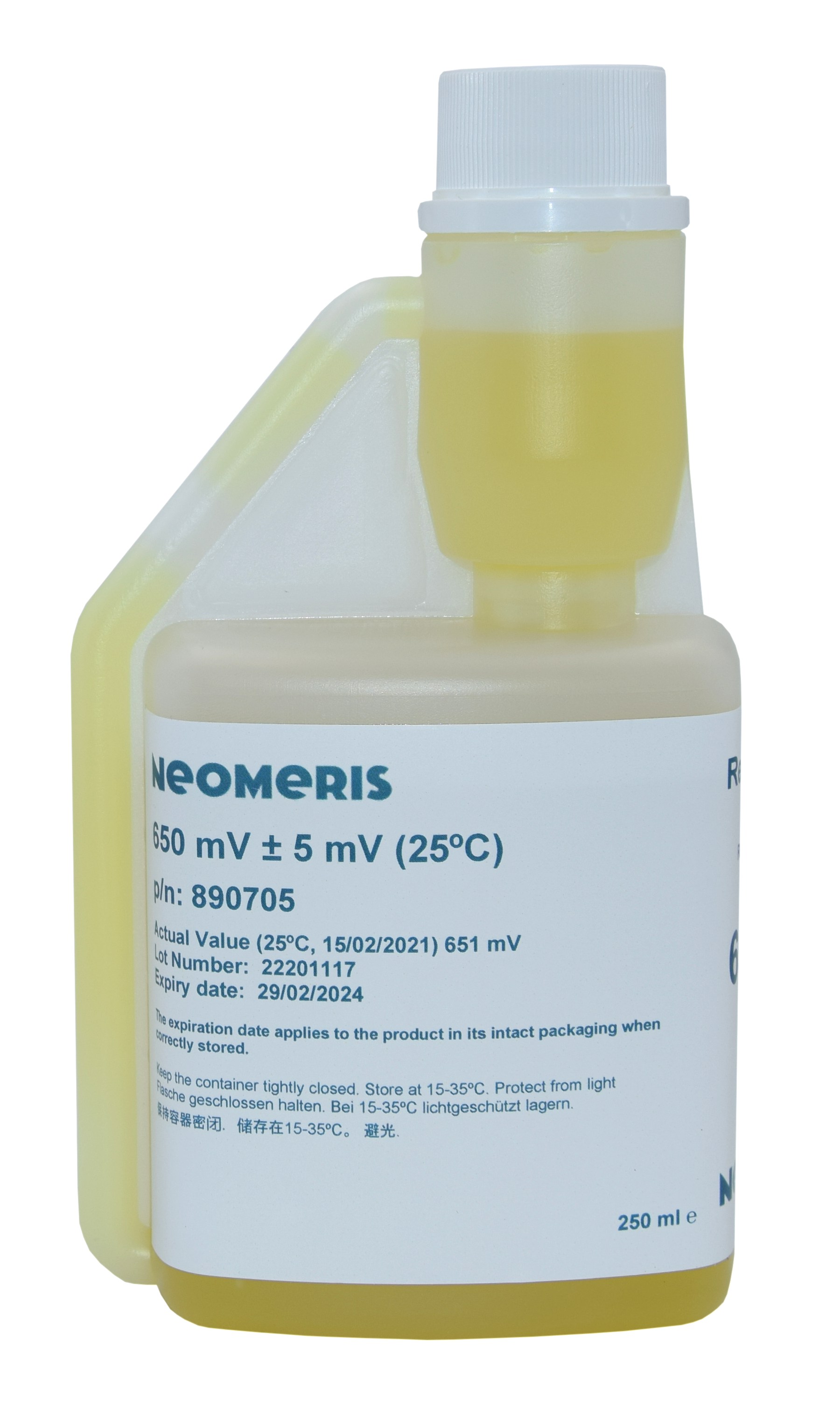 Redox Pufferlösung, Frontansicht der 250 ml Flasche mit rotem Hygieneverschluss, Kalibrierlösung für Redox Elektroden