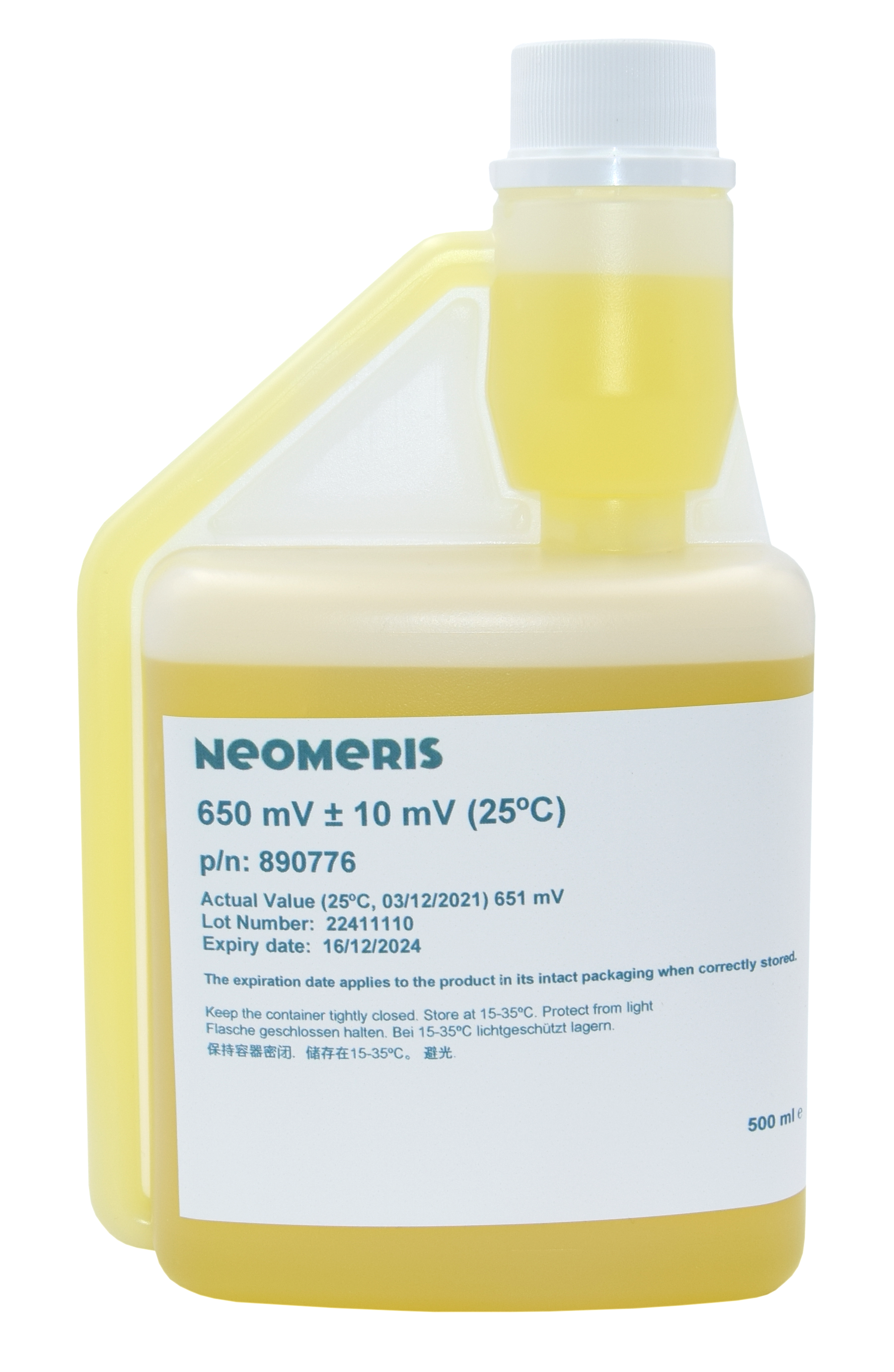 Redox Pufferlösung 650 mV, transparente Flasche mit gelblicher Lösung und blauem Etiketttext