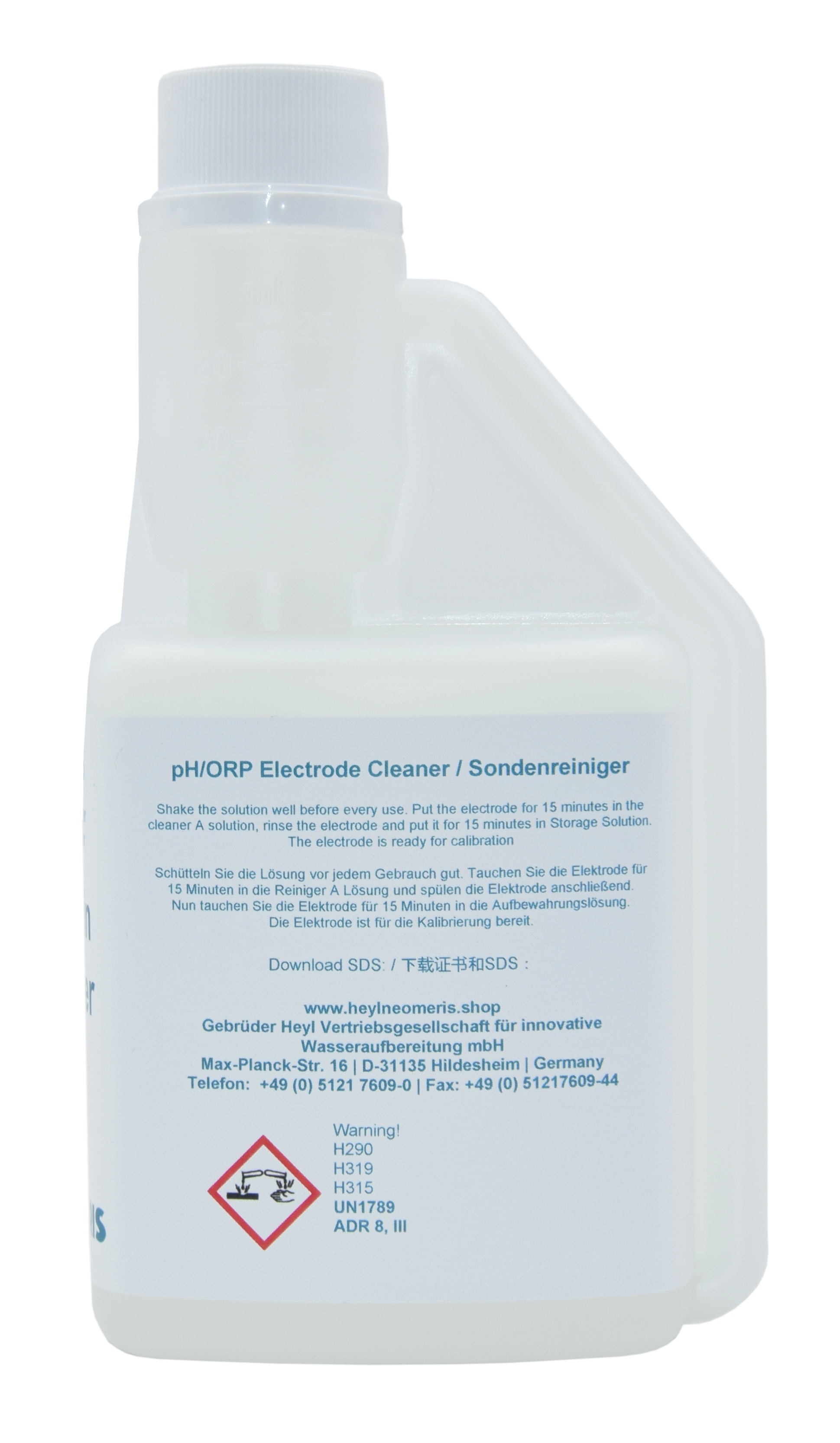 Reinigungslösung für pH- und Redox-Elektroden, Seitenansicht 250 ml Flasche, transparente Plastikflasche mit blauem Etikett text