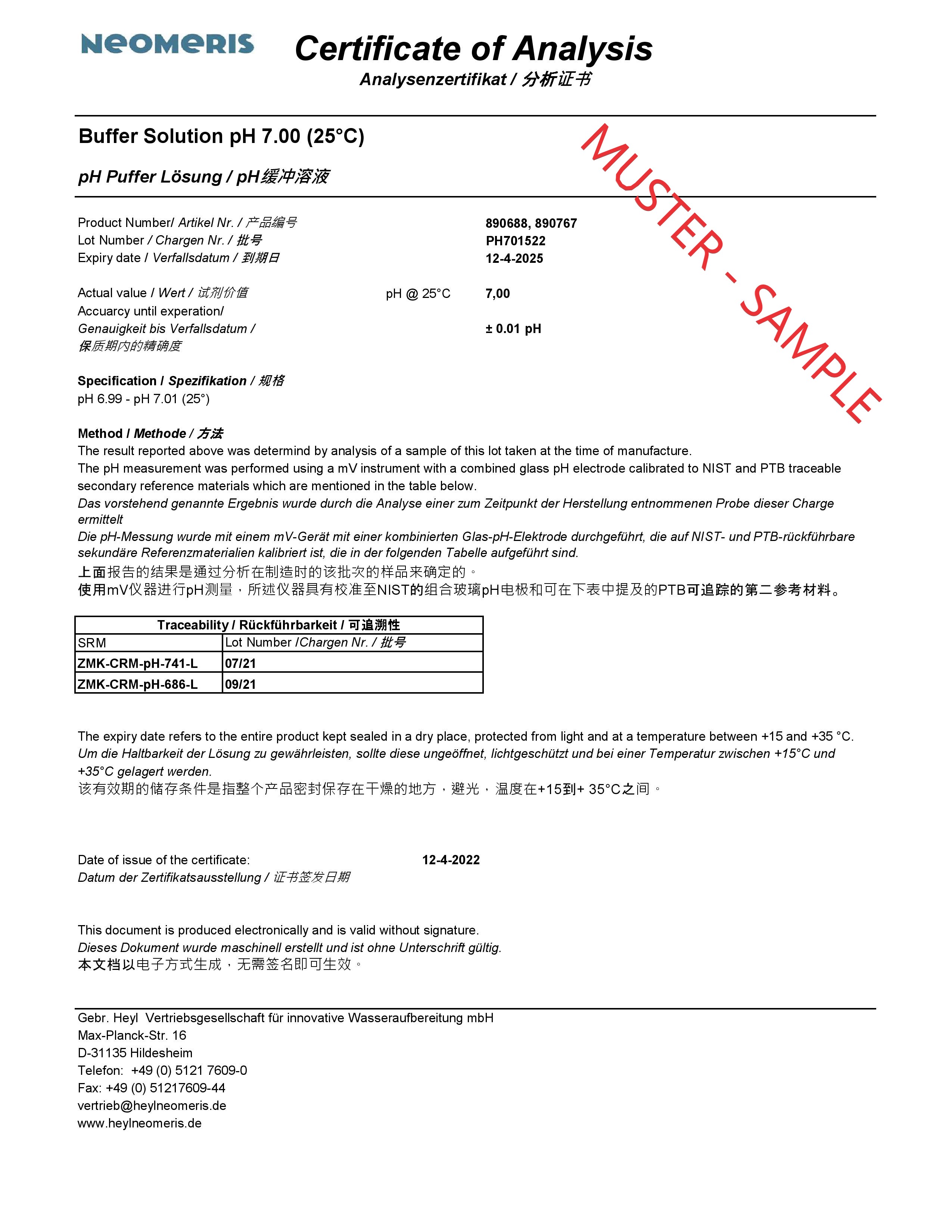 Offizielle Dokumentation zur Qualitätssicherung des Produkts, pH 10.01