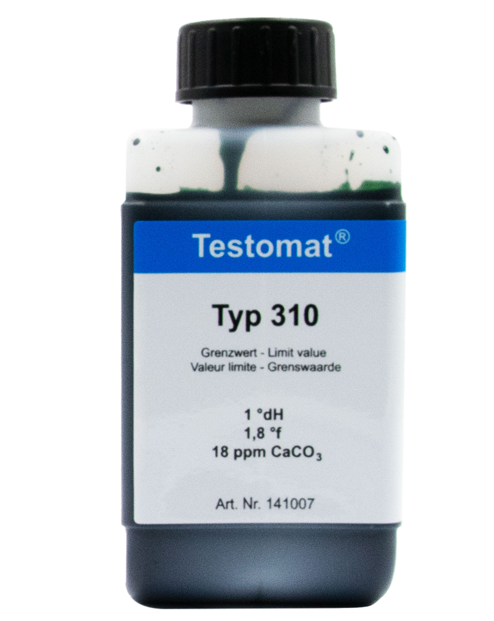 Testomat® 808 Indikator 310, Frontansicht der 500 ml Flasche, Wasserhärteanalyse