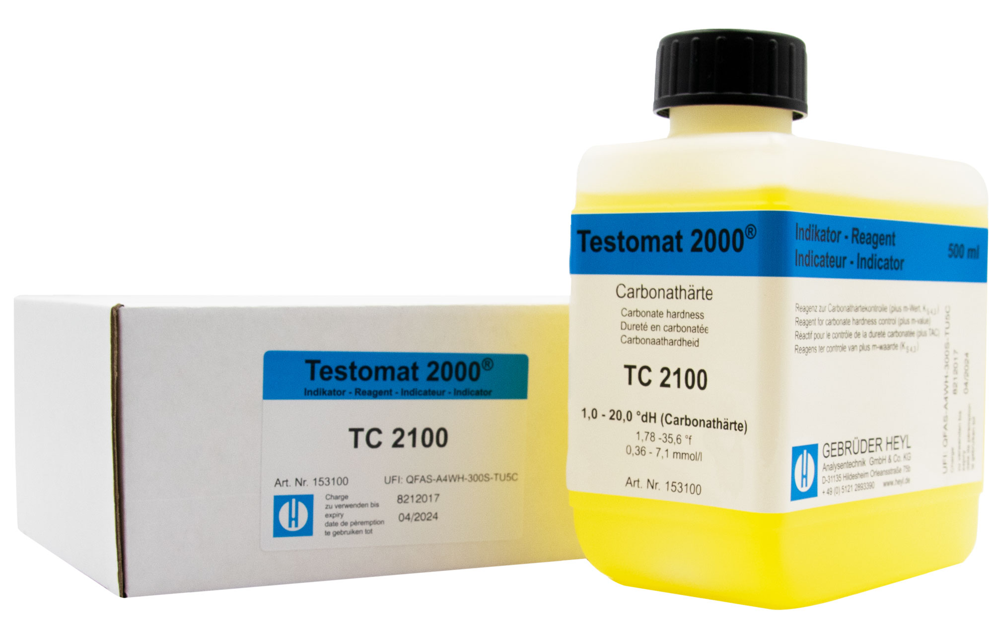 Testomat® Indikator TC2100 500ml, Halblinksansicht mit verschraubtem Deckel, TH-Testlösung