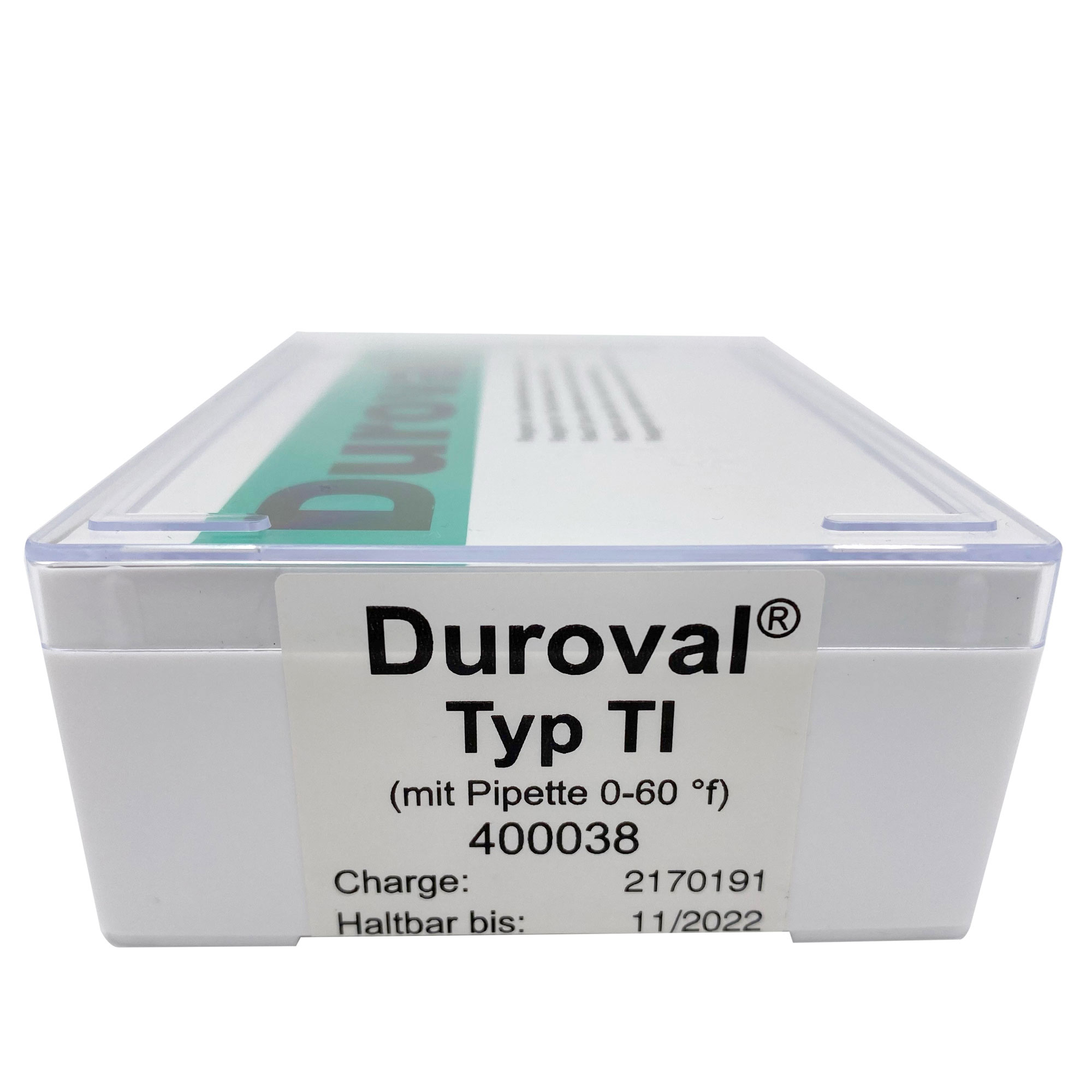 DUROVAL TI mit Pipette, Nahaufnahme Verschluss und Etikett, Nachfüllflasche für DUROVAL TI Testbesteck, Titrationslösung für Wasseranalyse