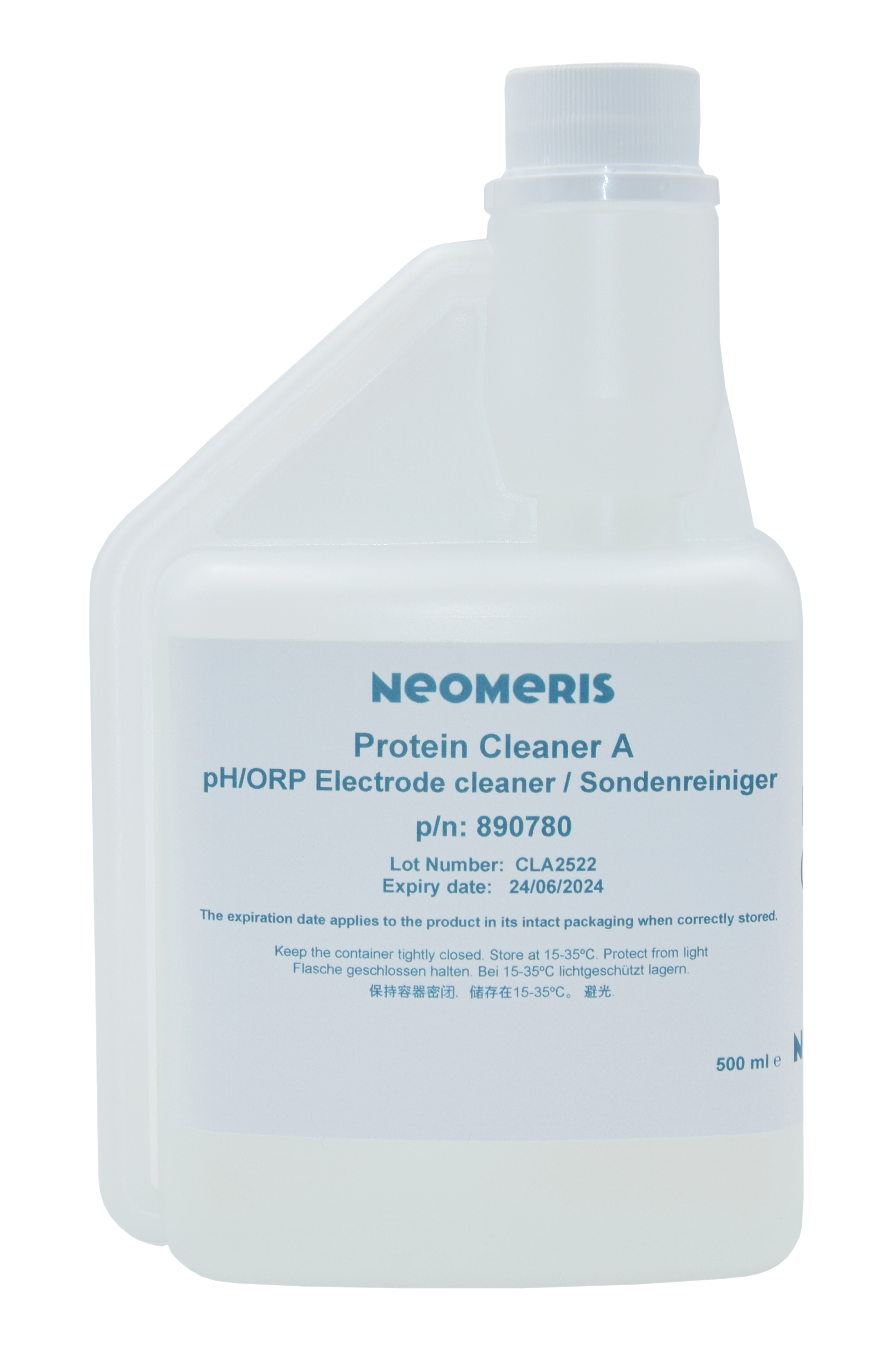 Reinigungslösung für pH- und Redox-Elektroden, Frontansicht 500 ml Flasche, transparente Flasche mit blauem Etikett, Hygieneverschluss gegen Verunreinigung