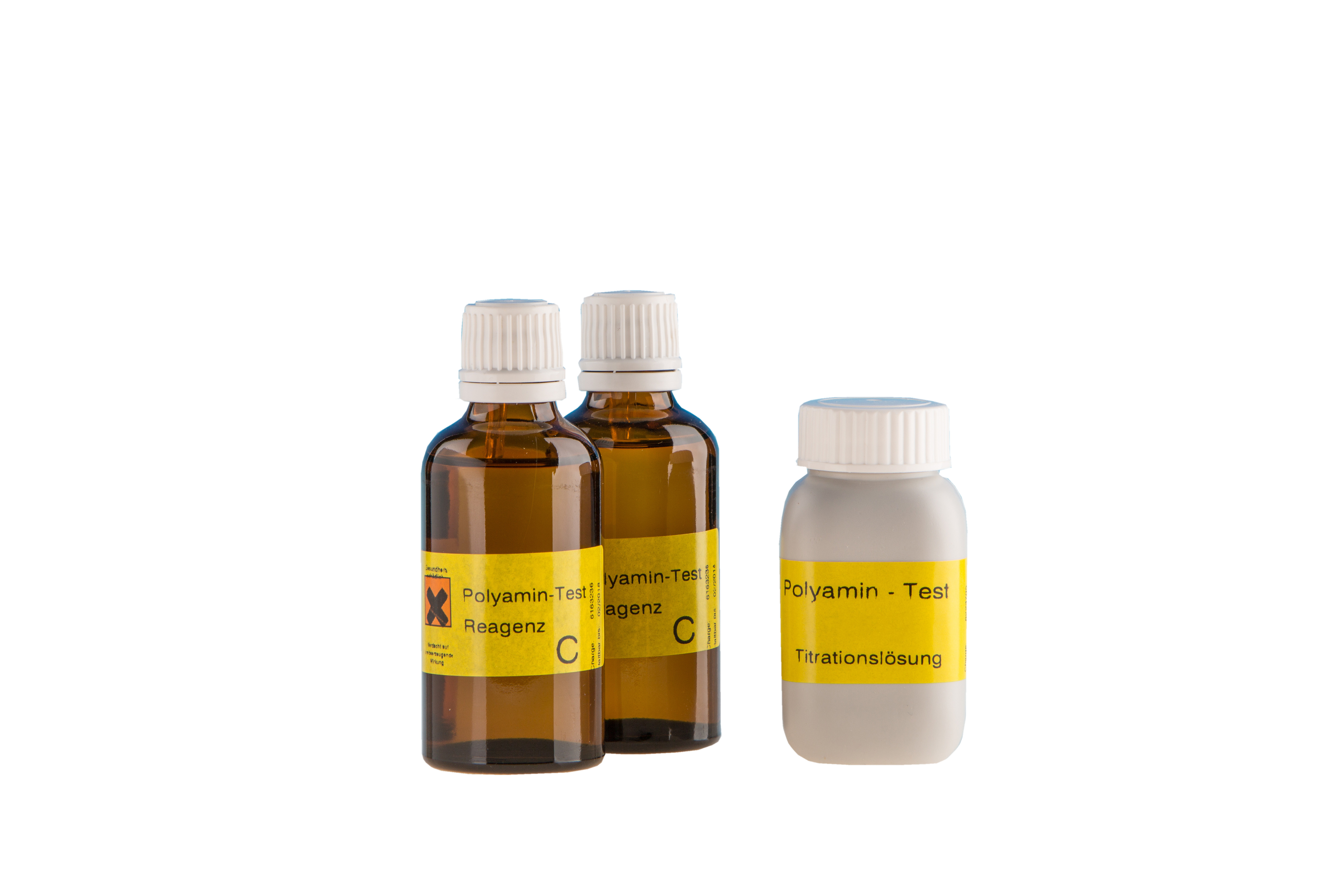 Nachfüllpackung Polyamine Titrationslösung CCOH + C Reagenz Nachfüllpackung Polyamine Titrationslösung CCOH + C Reagenz Frontansicht mit zwei Flaschen, Nachfüllset für Polyamin-Tests