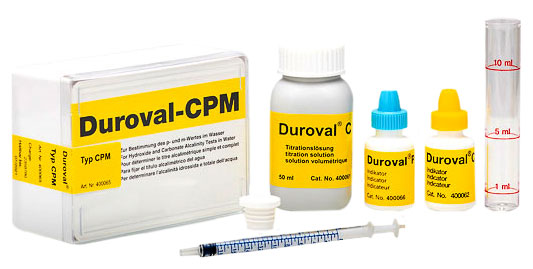 DUROVAL® CPM, Frontansicht der Verpackung mit Messröhrchen und Pipette, für Wasseranalyse