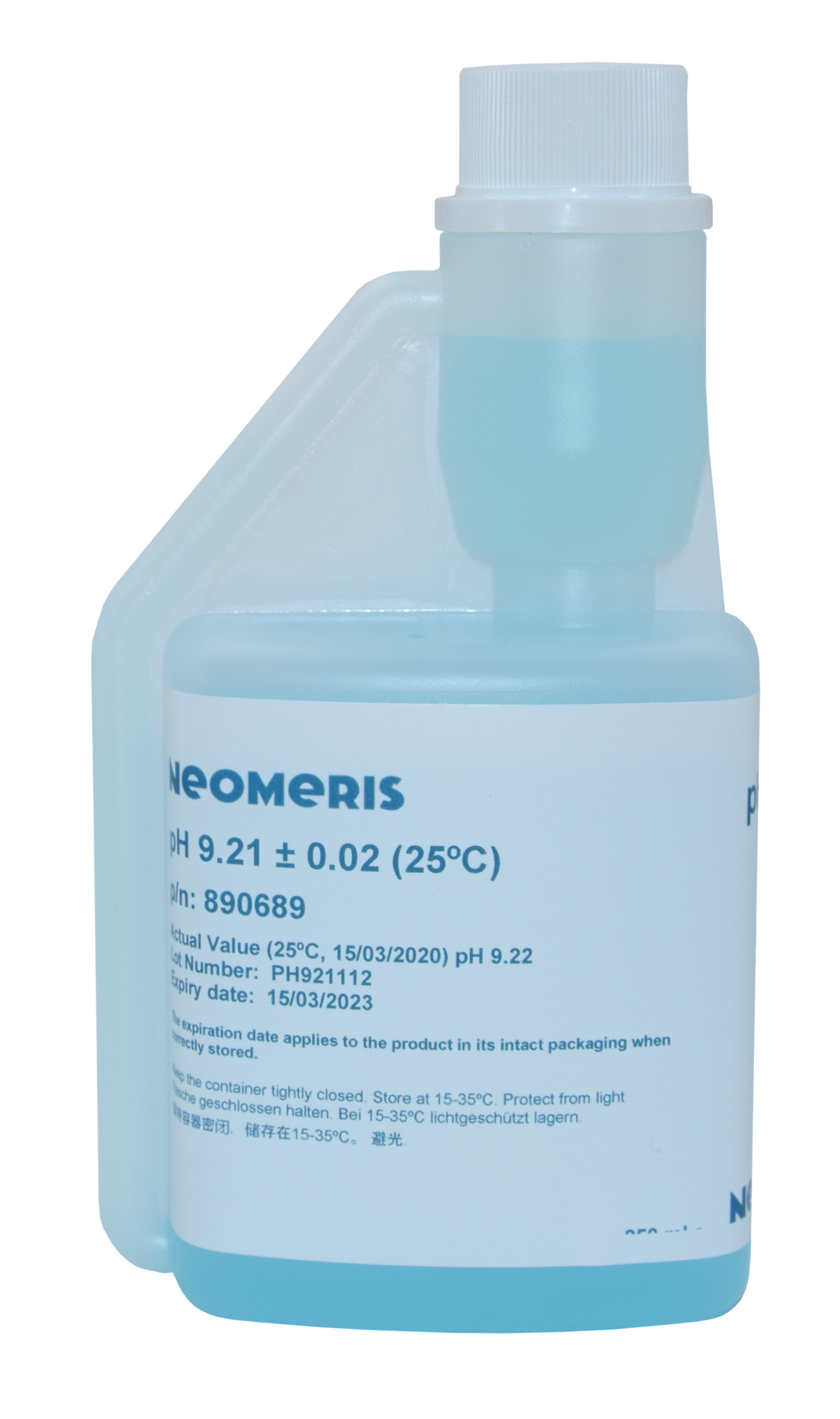 Pufferlösung pH 9.21, Frontansicht der 250 ml Flasche, blauer Inhalt, Neomeris