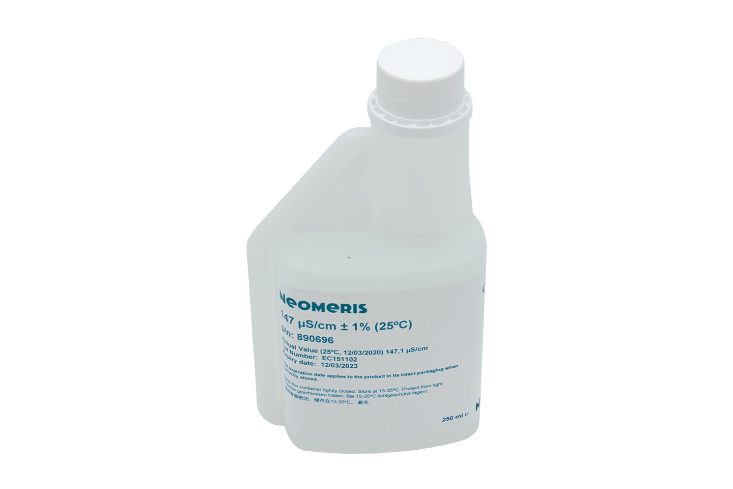 Leitfähigkeitskalibrierlösung, Frontansicht der weißen Kunststoffflasche mit blauem Etikett, 250 ml Volumen, Hygieneverschluss gegen Verunreinigung, Kalibrierlösung für Elektroden
