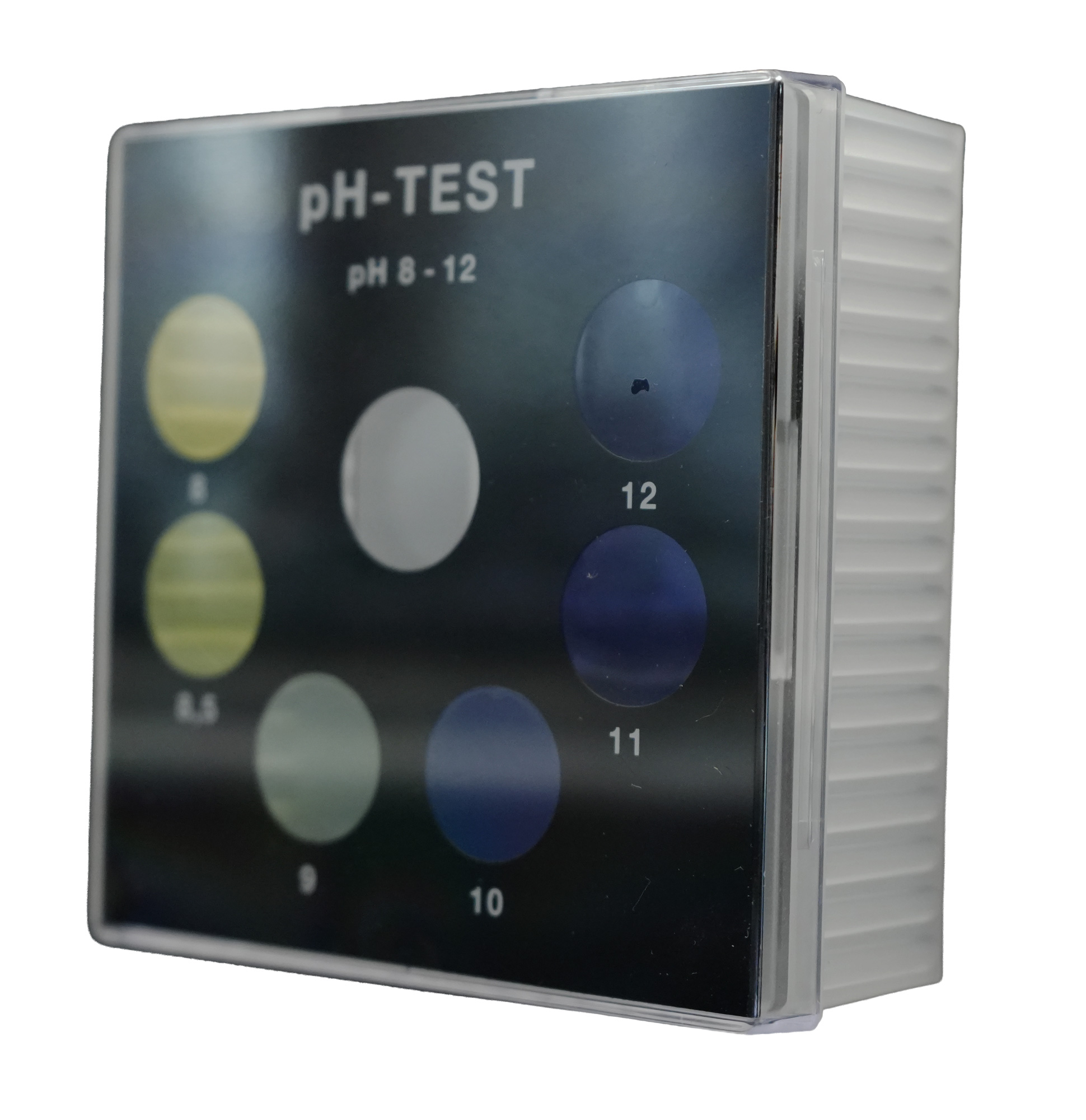 rechte Seitenansicht auf ein pH Farbvergleichsgerät Testoval für den pH-Wert 8-12