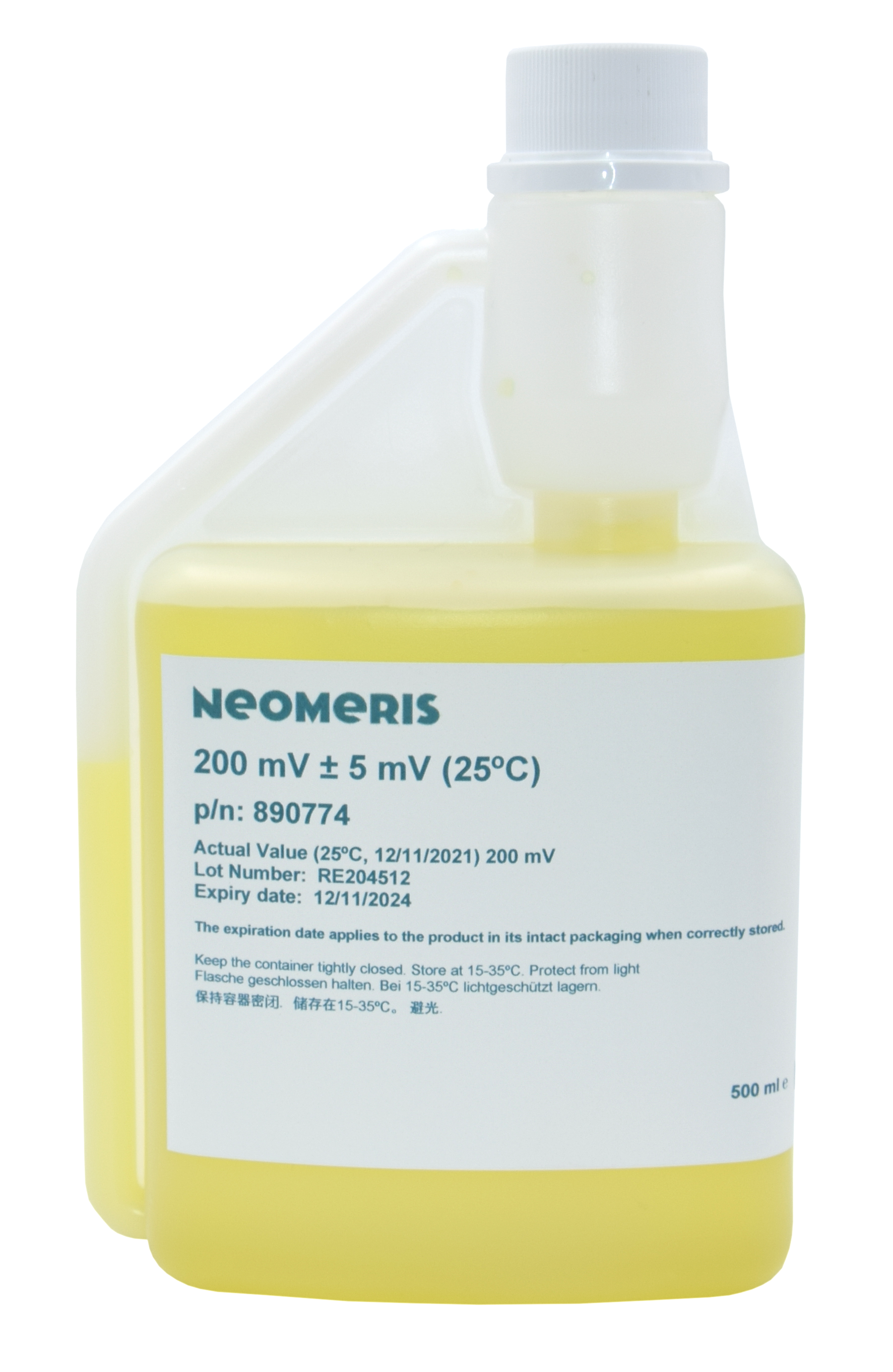 Redox Pufferlösung 200 mV, transparente 500 ml Flasche mit gelber Flüssigkeit und blauem Etiketttext