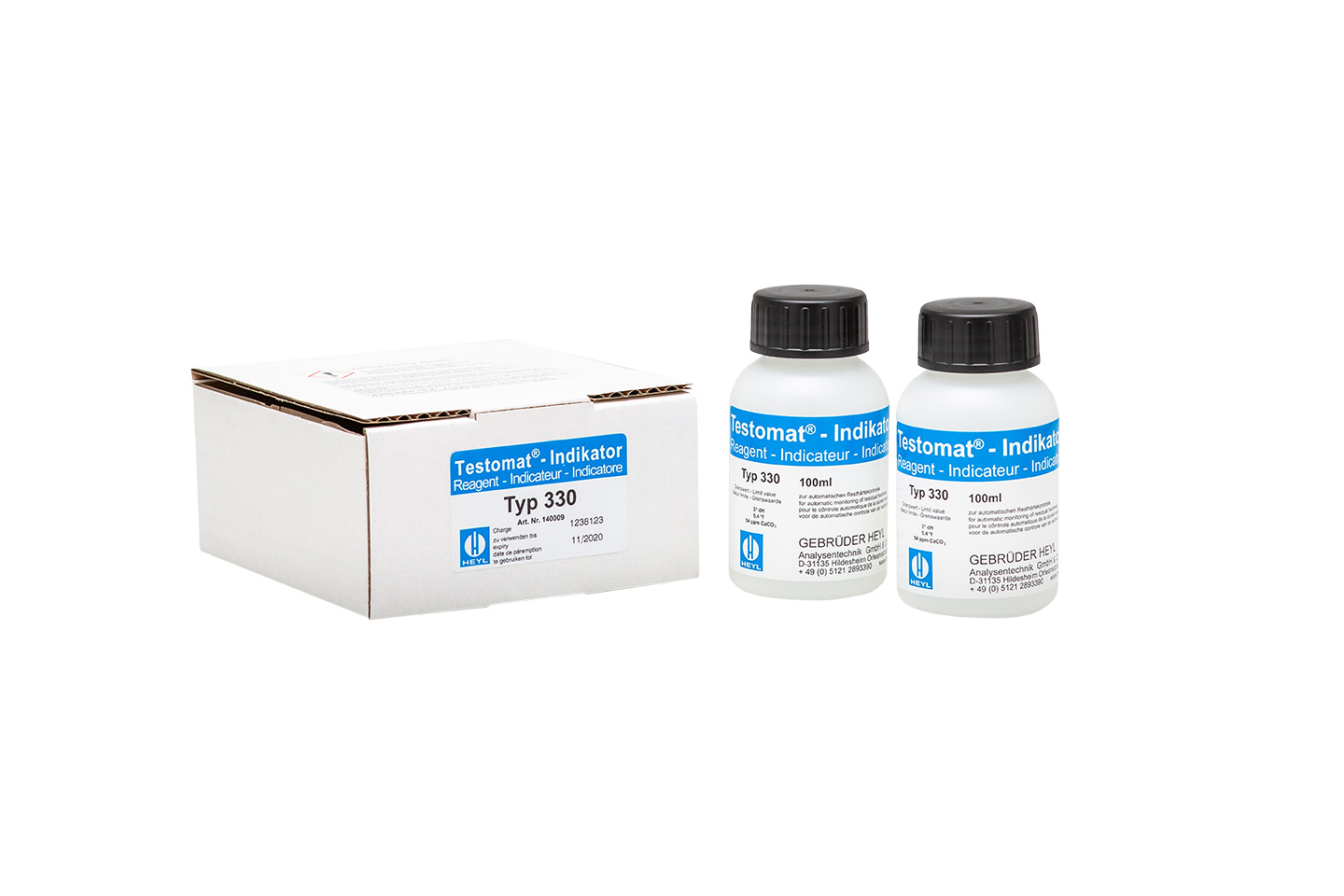 Testomat® 808 Indikator 330, zwei 100-ml-Flaschen nebeneinander, Resthärte-Messlösung 3 °dH