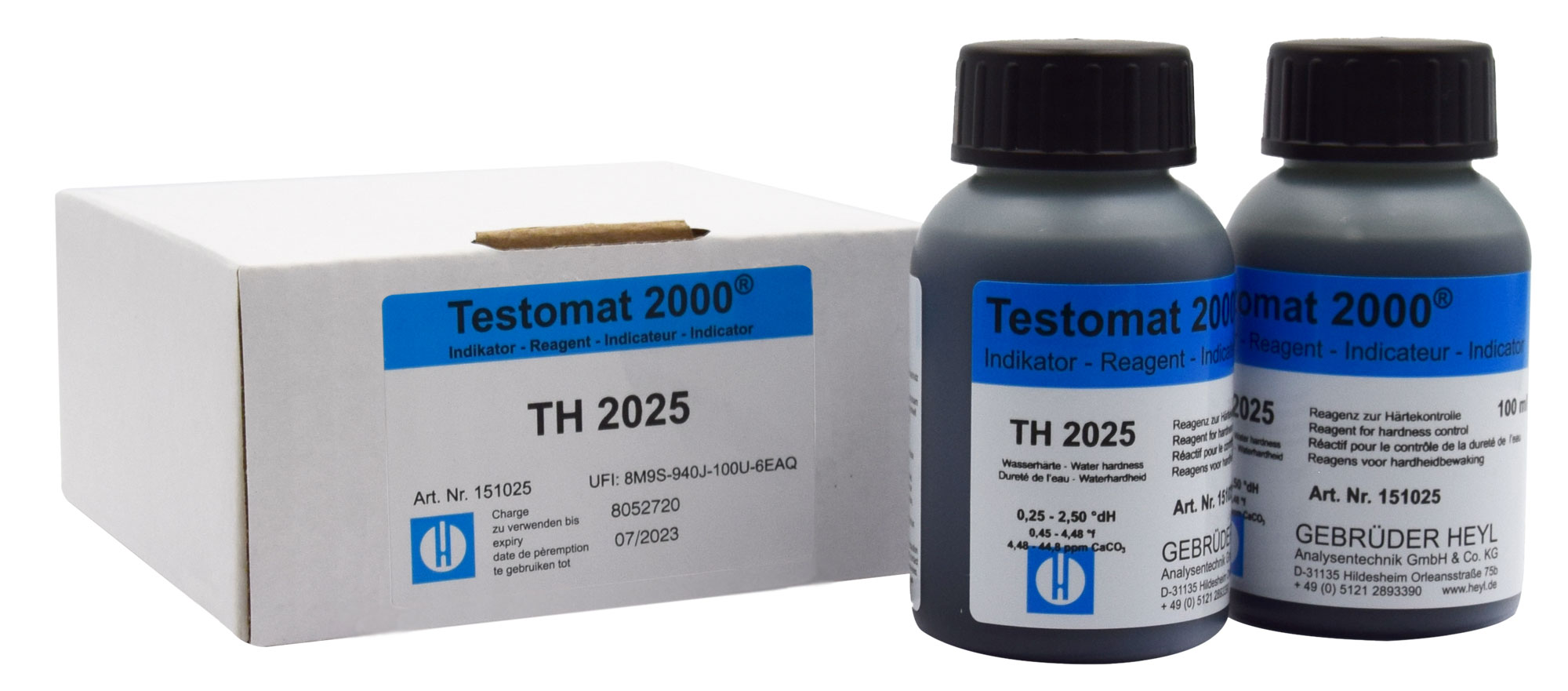Testomat® Indikator TH2025 2x100 ml Flaschenansicht leicht schräg, Wasserindikator Resthärte Messung