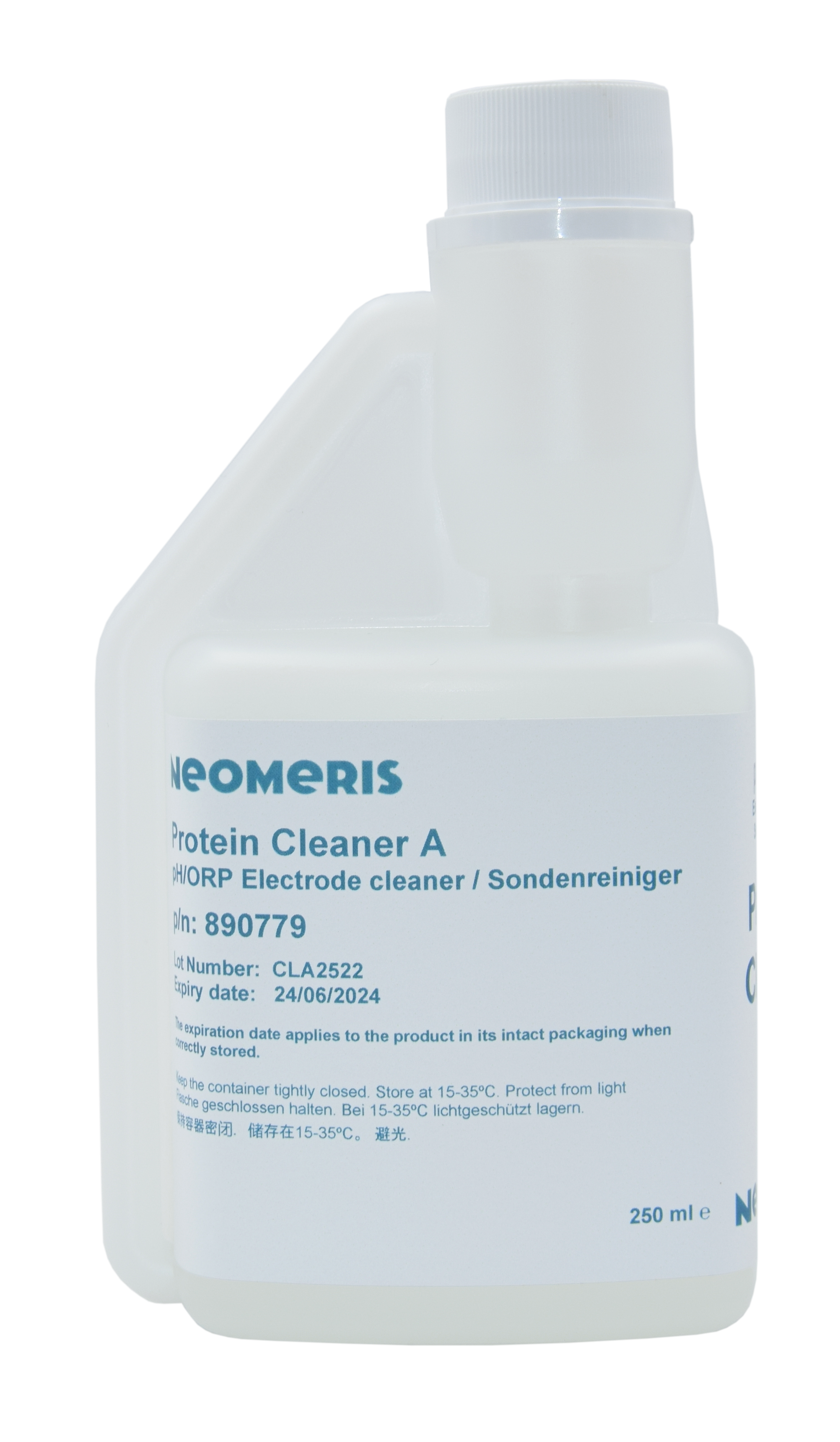 Reinigungslösung für pH- und Redox-Elektroden, Frontansicht 250 ml Flasche, transparente Flasche mit blauem Etikett text