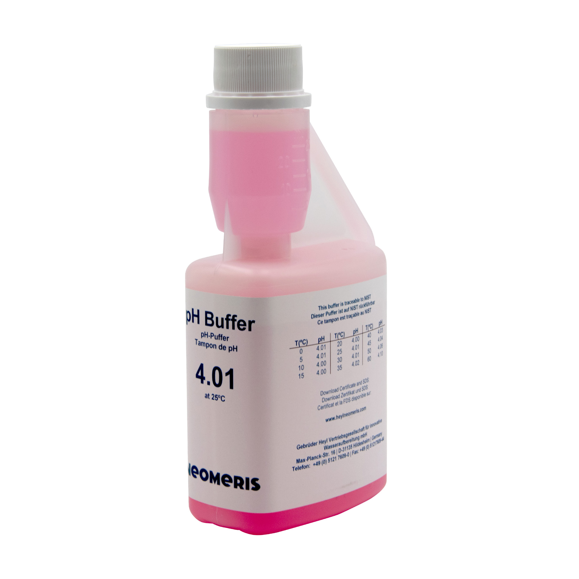 Flasche quer, roter pH Puffer, Schutzverschluss zur Vermeidung von Verunreinigung