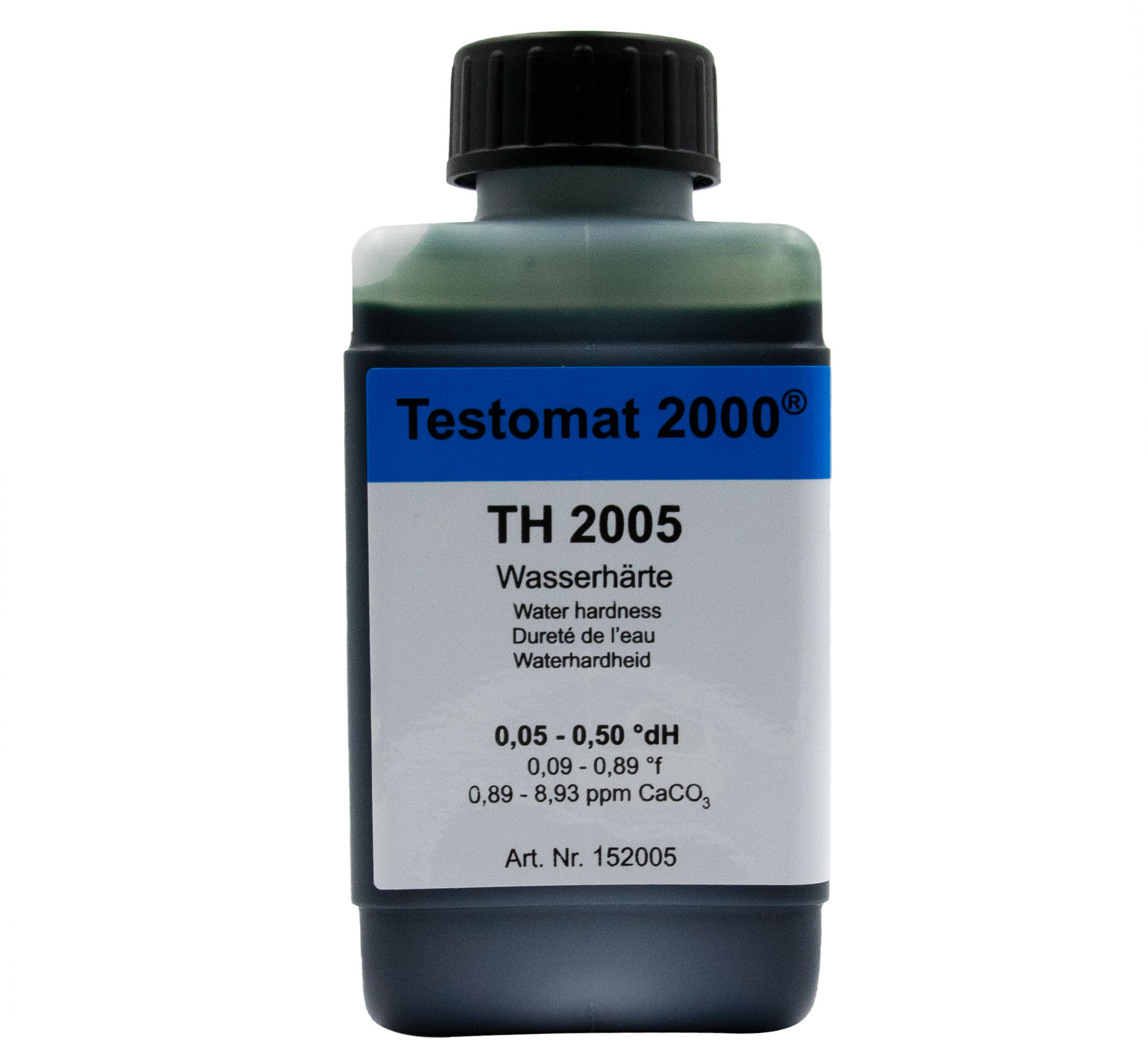 Testomat® Indikator TH2005 500ml, front Ansicht der Flasche mit Lesbarkeit des Etiketts, Wasserhärtemessung