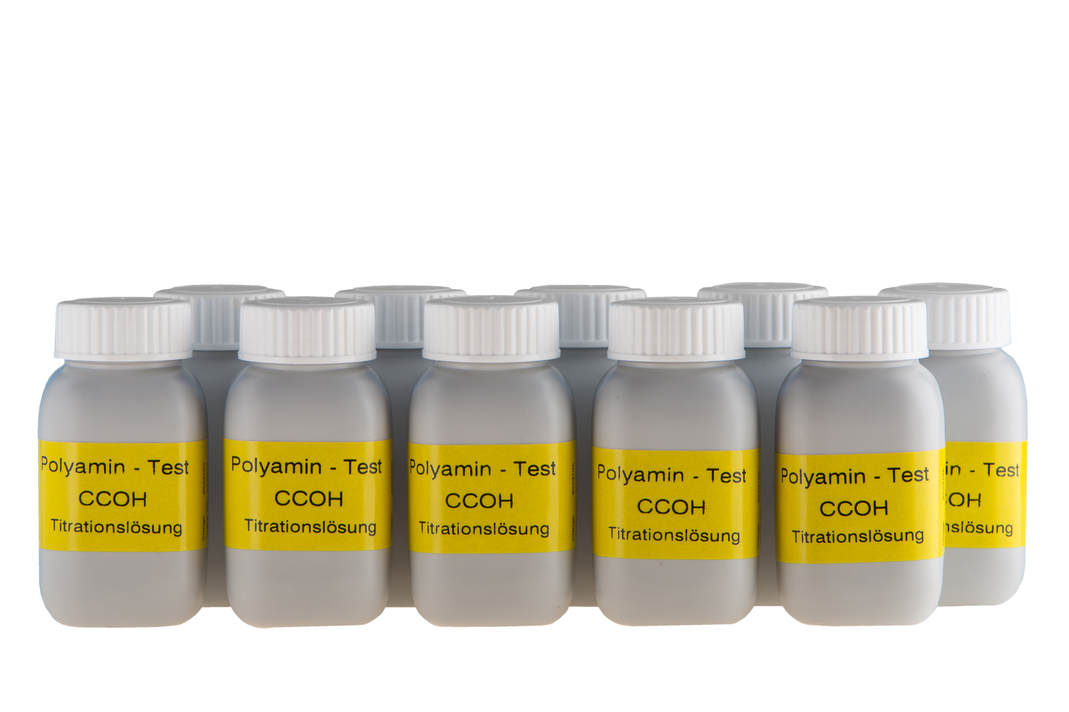 Polyamine Titrationslösung CCOH, Detailansicht Kunststoffflasche mit Schraubverschluss, 250 ml Inhalt, Testlösung für Polyamin-Titration, Laborprodukt für präzise Messungen