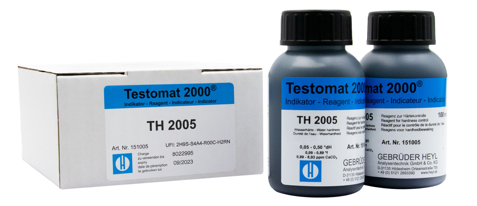 Testomat® Indikator TH2005, 2 Flaschen nebeneinander, Messung Resthärte Wasser