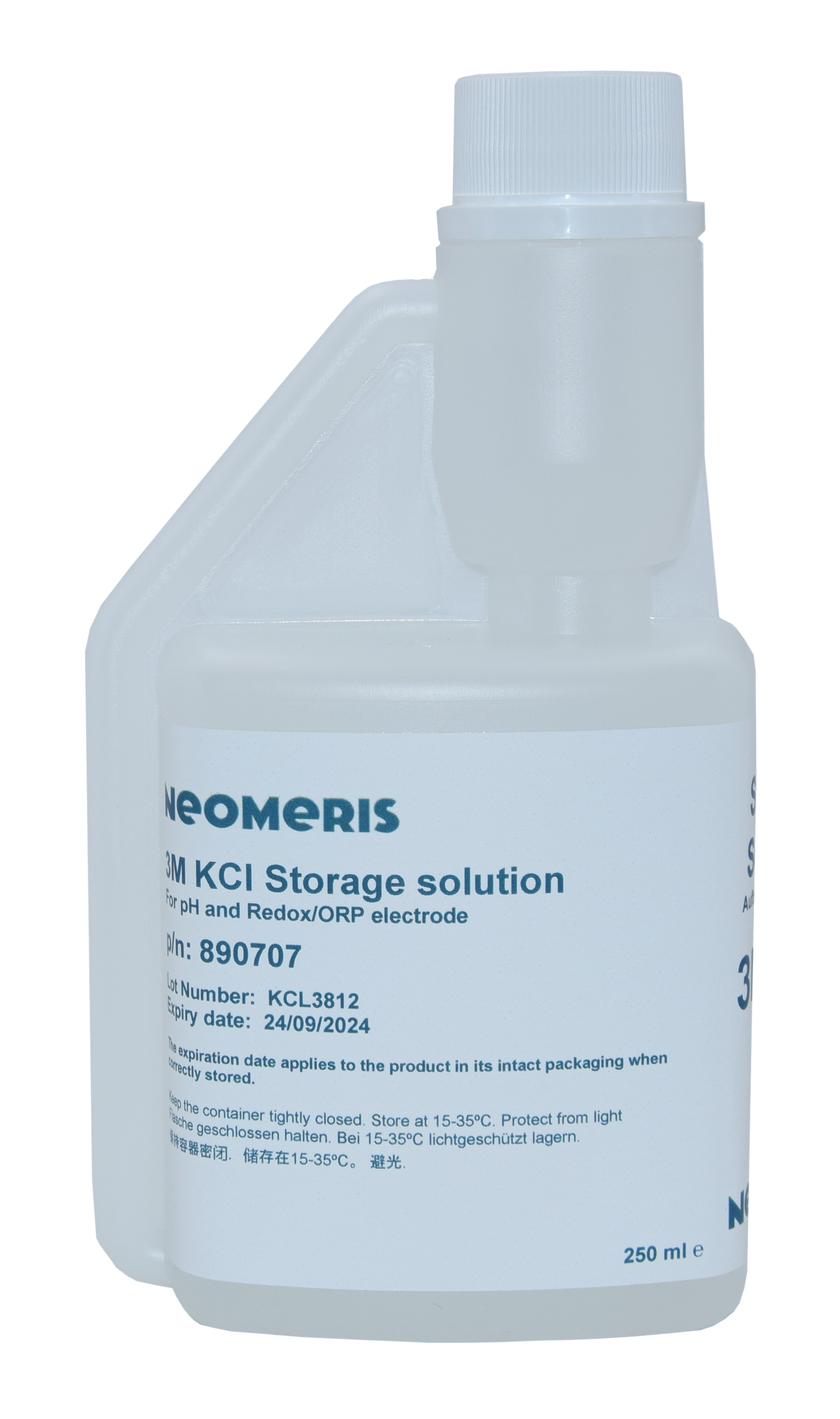 Neomeris Aufbewahrungslösung für pH und Redox Elektroden 3 mol/l KCl (Elektrolytlösung) Aufbewahrungslösung für pH und Redox Elektroden, Frontansicht der Flasche mit lesbarem Produktnamen und Volumenangabe