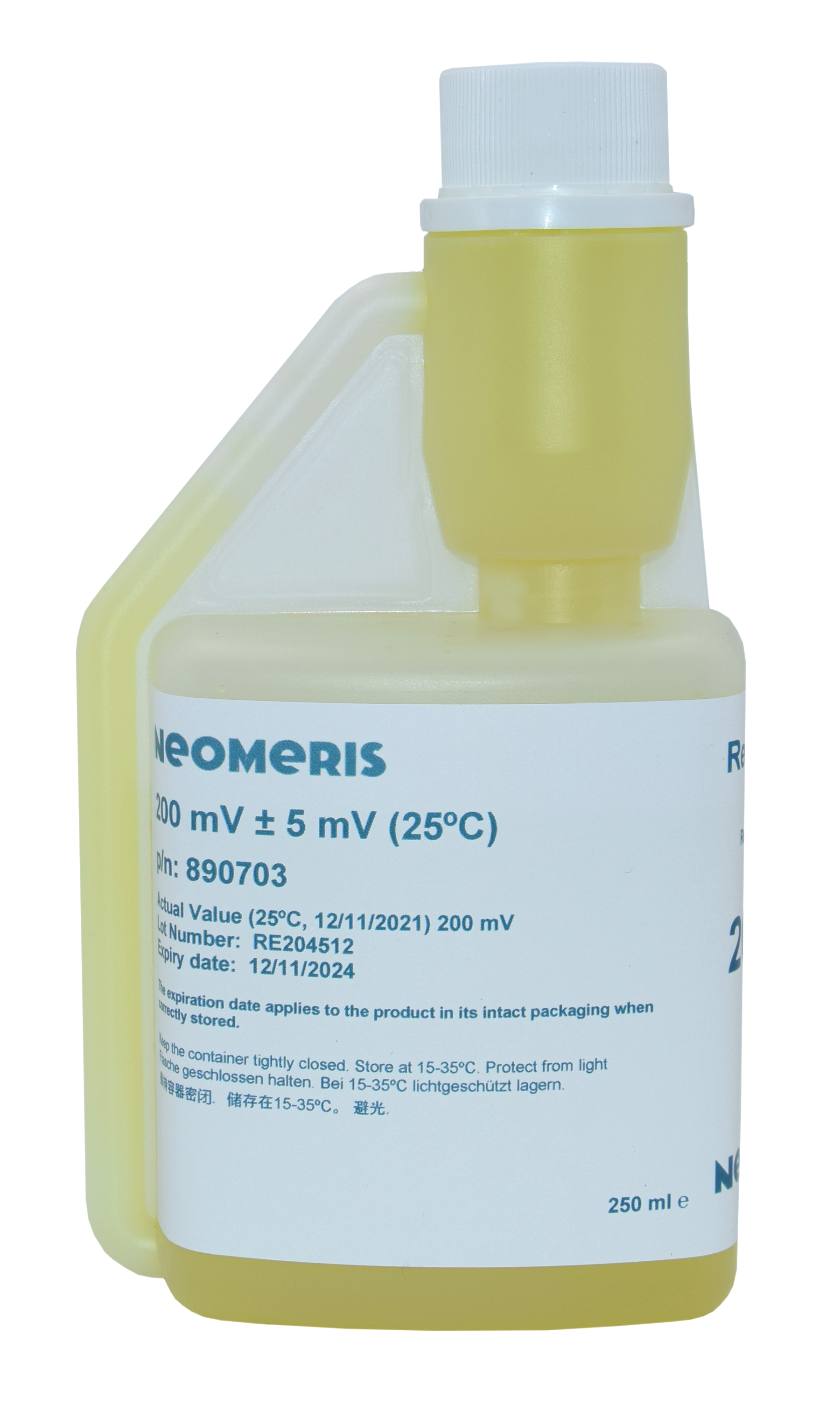 Redox Pufferlösung, Frontansicht der 250 ml Flasche mit Hygienedeckel, zur Elektrodenkalibrierung