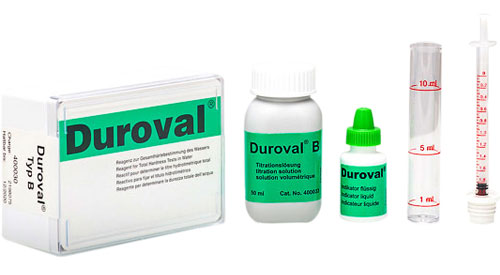 DUROVAL® B Testbesteck 0–2 °dH DUROVAL B Testbesteck 0-2 °dH, Messröhrchen und 50 ml Titrationslösung im Set