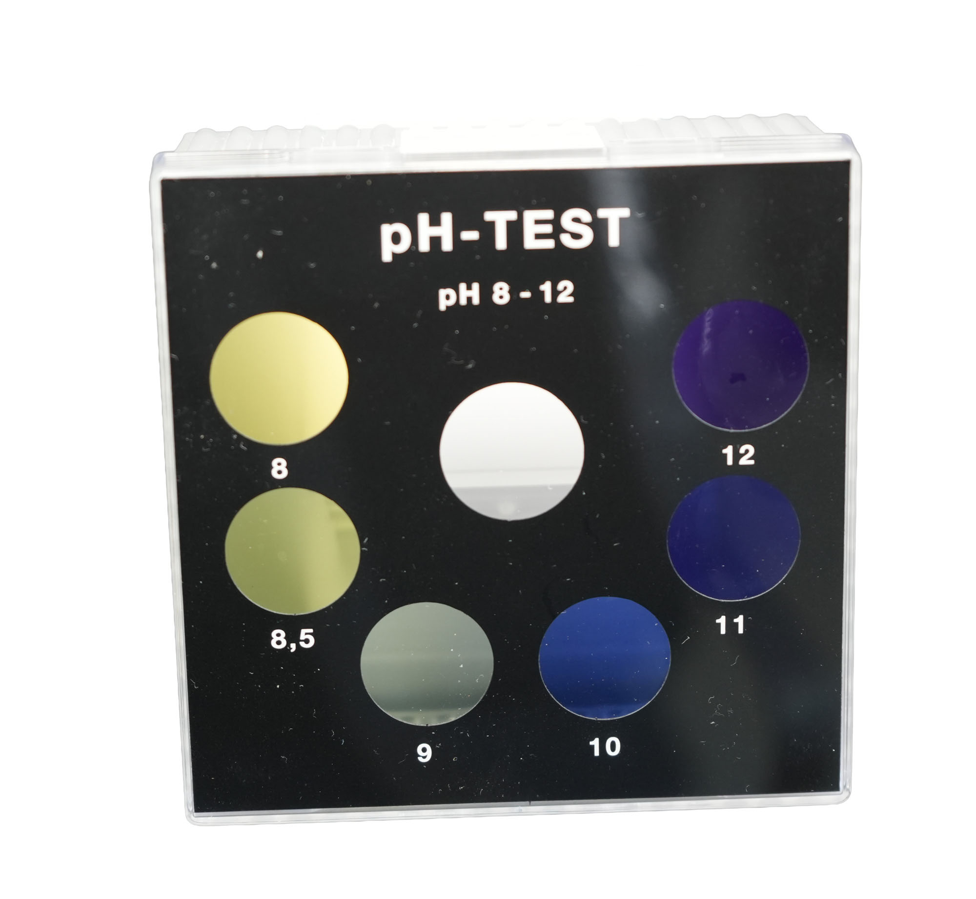Frontalansicht auf ein pH Farbvergleichsgerät Testoval für den pH-Wert 8-12