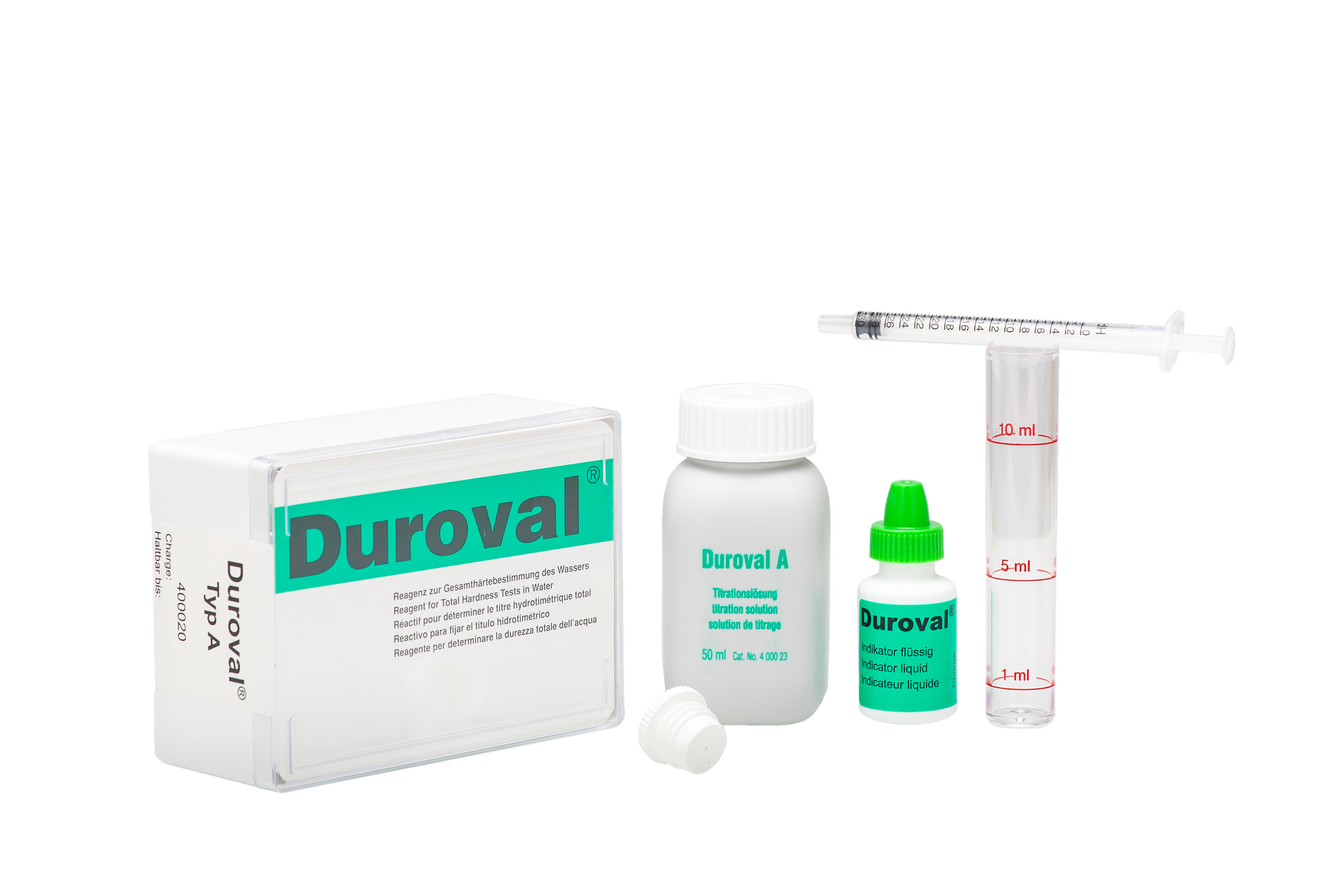 DUROVAL® A Testbesteck 0–30 °dH DUROVAL A Testbesteck 0–30 °dH, Detailaufnahme der Pipette und Indikatorflasche, präzise Wasserhärte-Messung