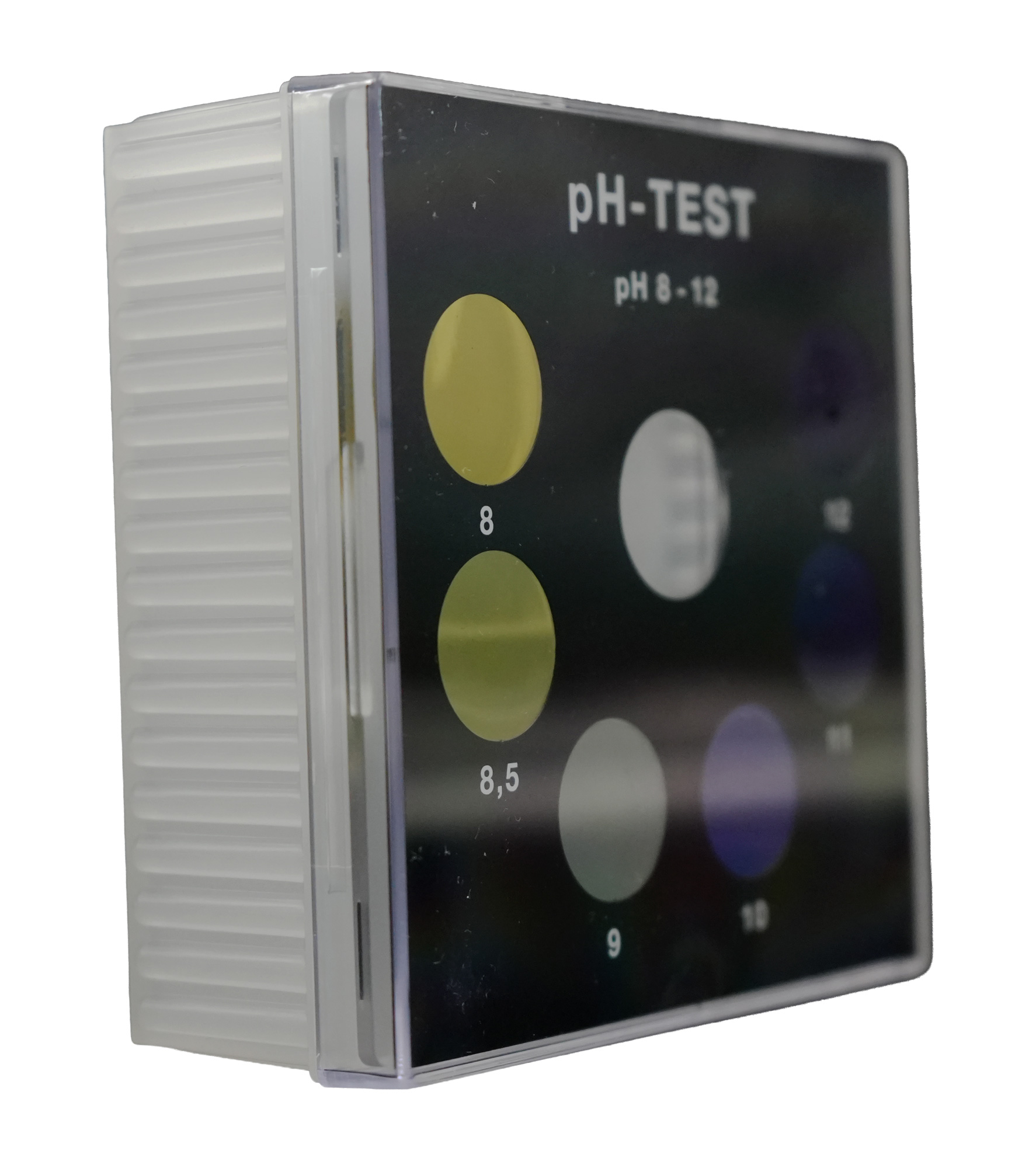 linke Seitenansicht auf ein pH Farbvergleichsgerät Testoval für den pH-Wert 8-12