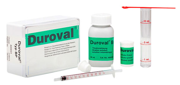 DUROVAL BP Testbesteck mit Pulver-Indikator, Frontansicht Komplettset mit Dosierpipette