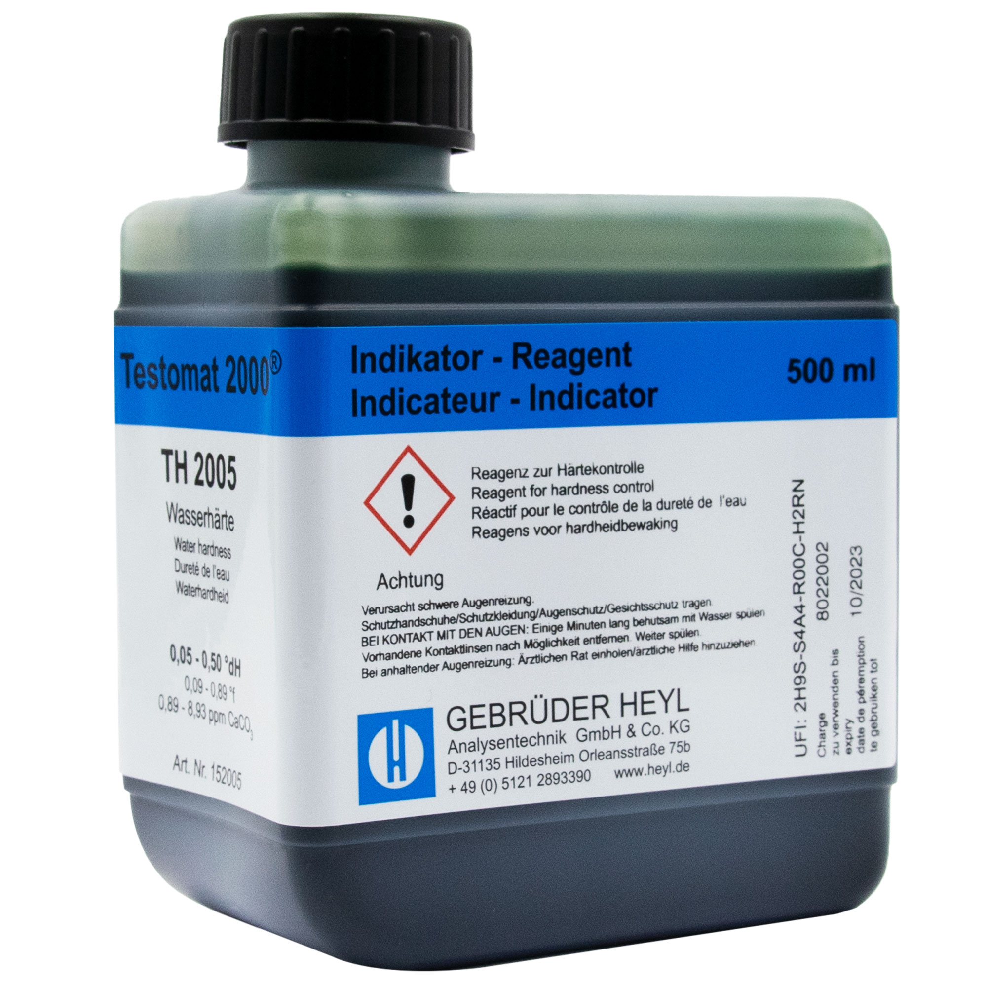 Testomat® Indikator TH2005 500ml, Nahaufnahme der Flasche mit Fokus auf Etikett und Schraubverschluss, Wasserhärte
