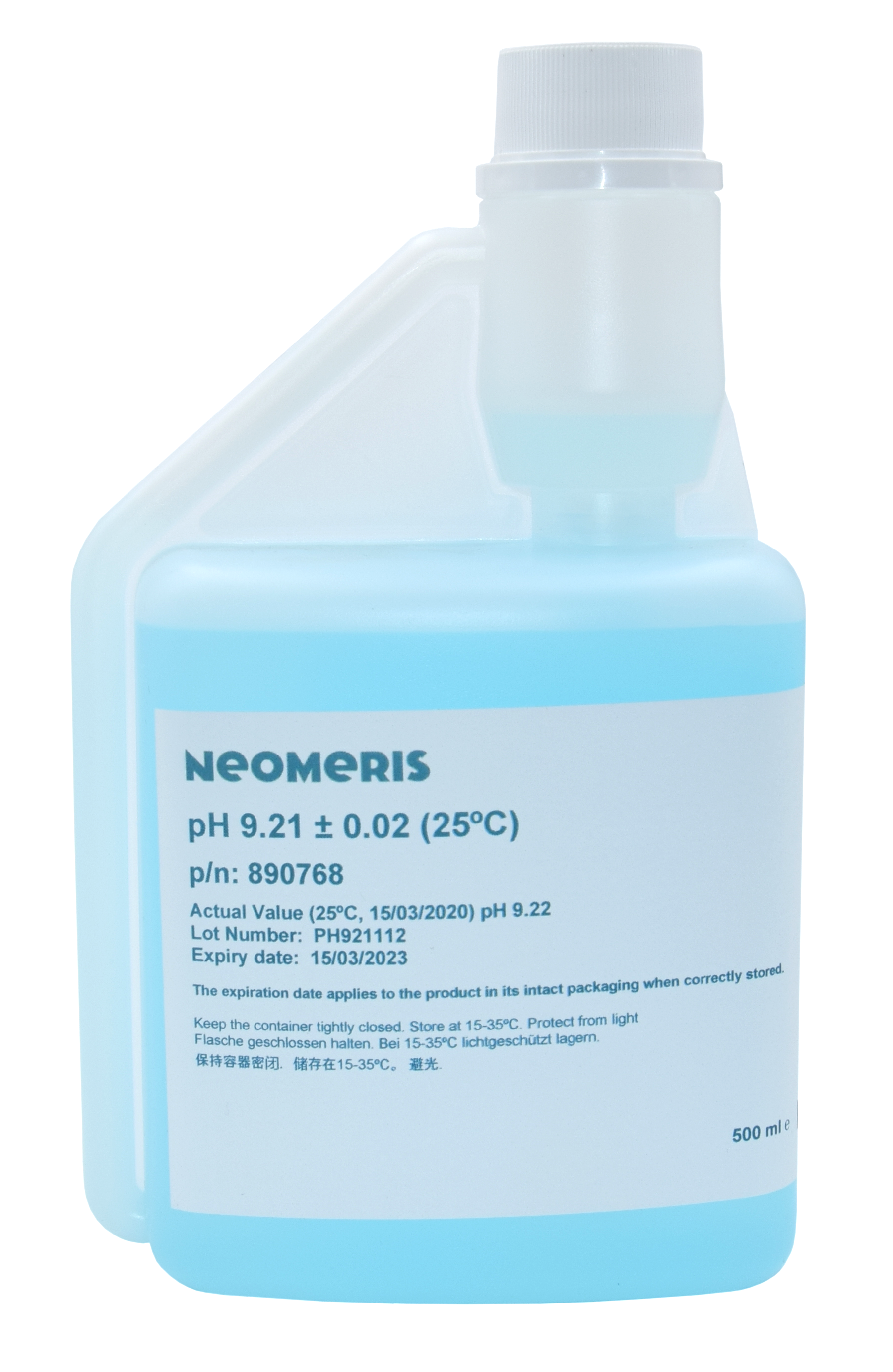 blaue Pufferlösung 500 ml Flasche, transparente Kunststoffflasche mit weißem Schraubverschluss