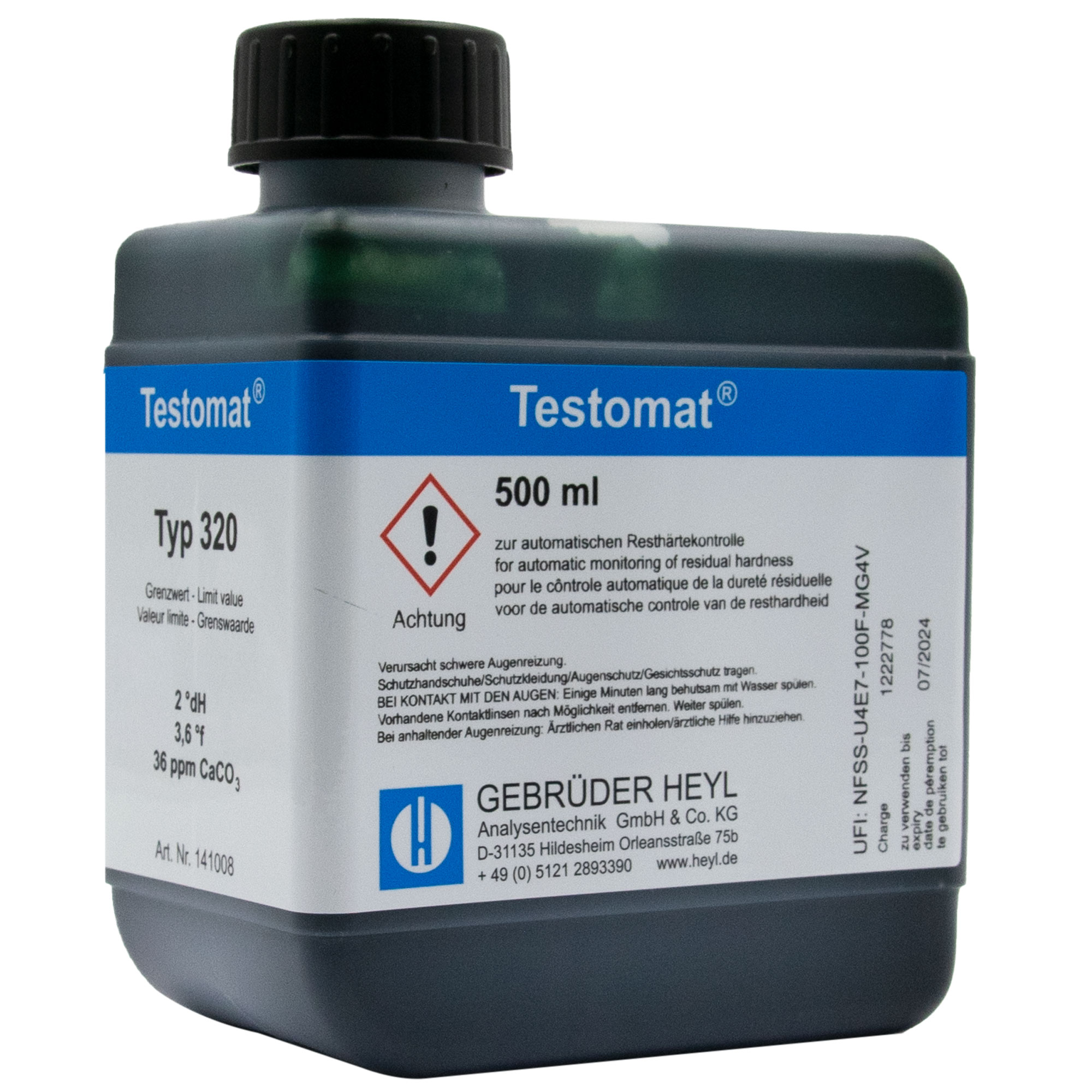 Testomat® 808 Indikator 320, 500 ml Flasche mit klarer Beschriftung, Wasseranalyse, seitliche Ansicht der Flasche
