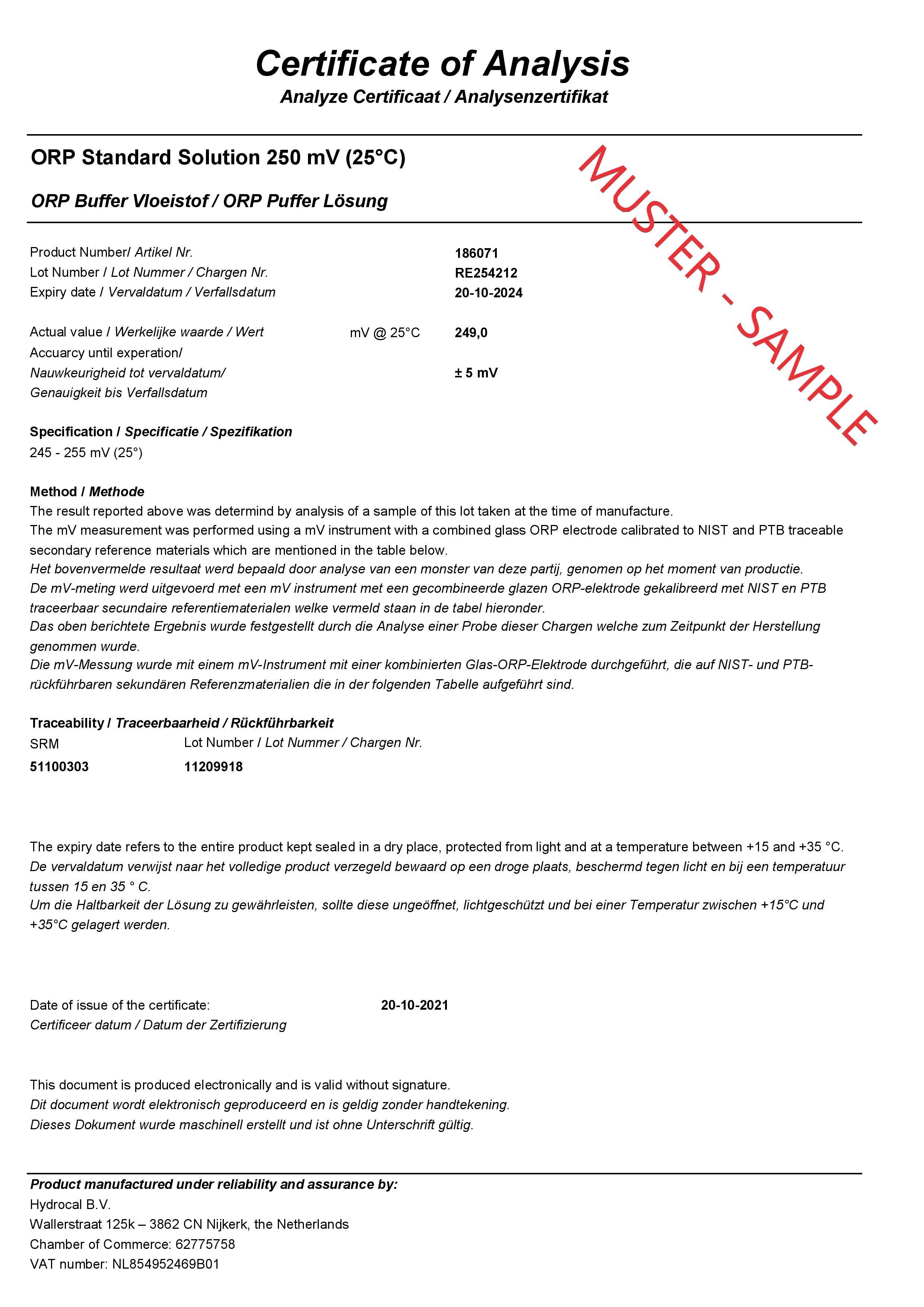 Redox Pufferlösung, Qualitätszertifikat mit Messergebnissen zur ORP Pufferlösung 650 mV
