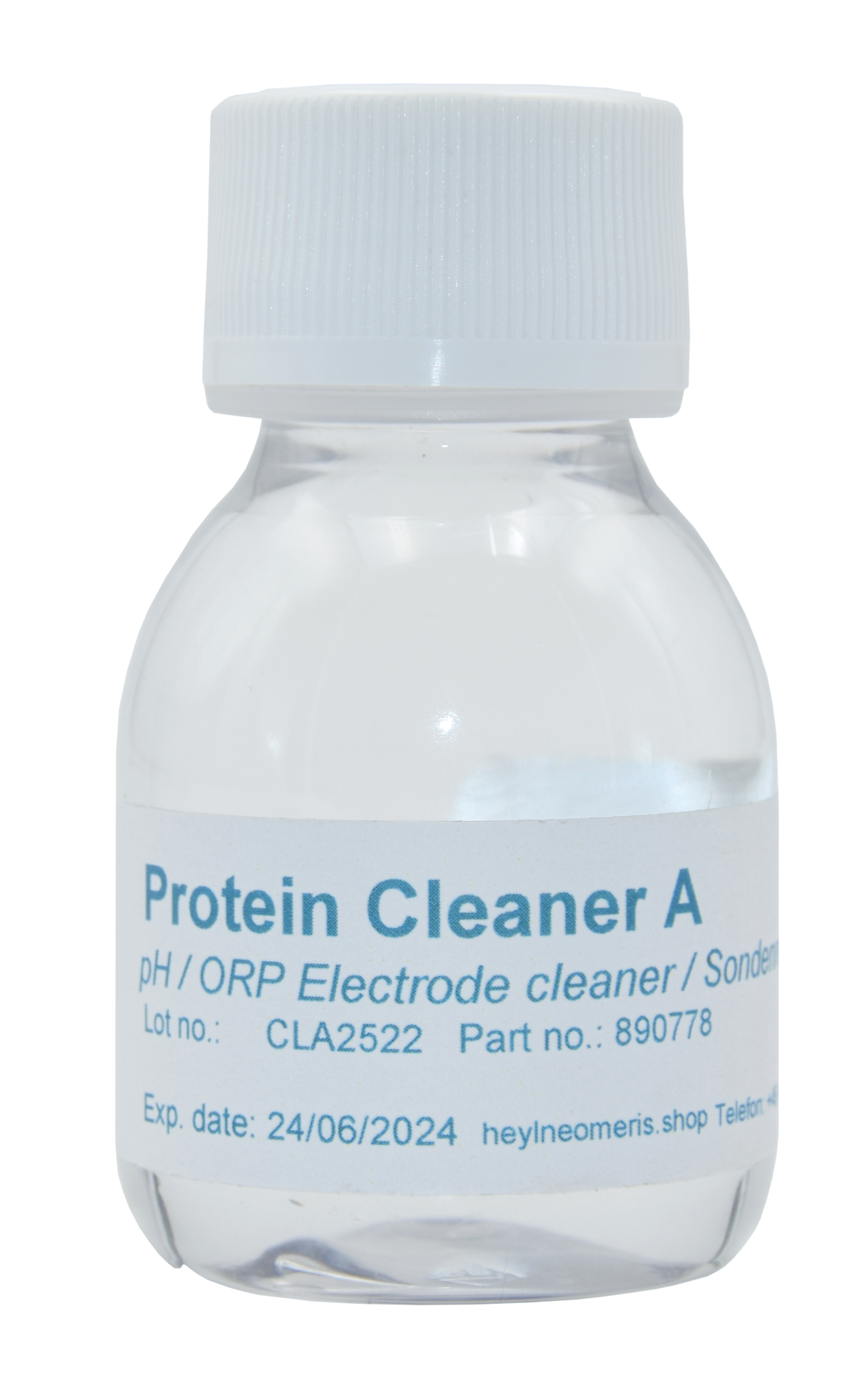 Reinigungslösung für pH- und Redox-Elektroden, Frontansicht 70 ml Flasche, transparentes Plastik mit blauem Etikett text