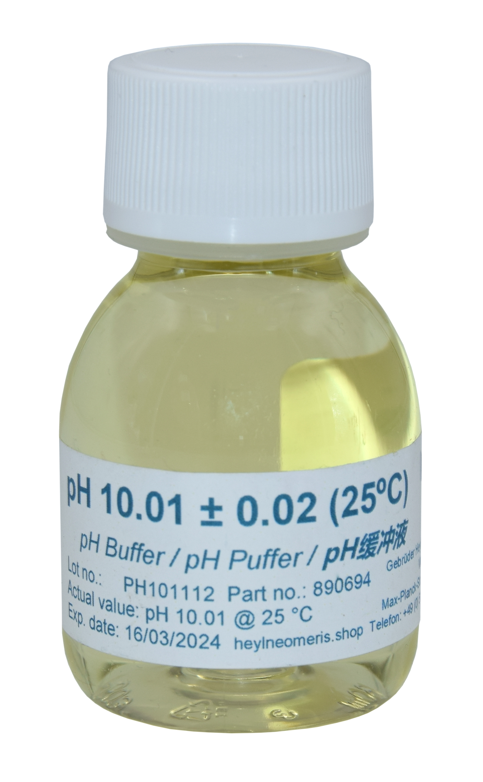 Neomeris Pufferlösung pH 10.01, 70 ml Flasche mit gelb eingefärbter Lösung